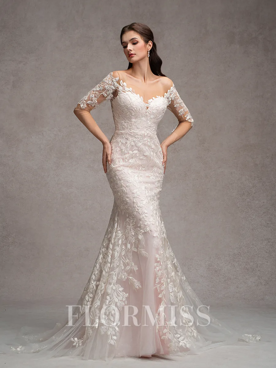 Sheath/Column Lace Off-the-Shoulder Long Sleeves Court Train Wedding Dresses