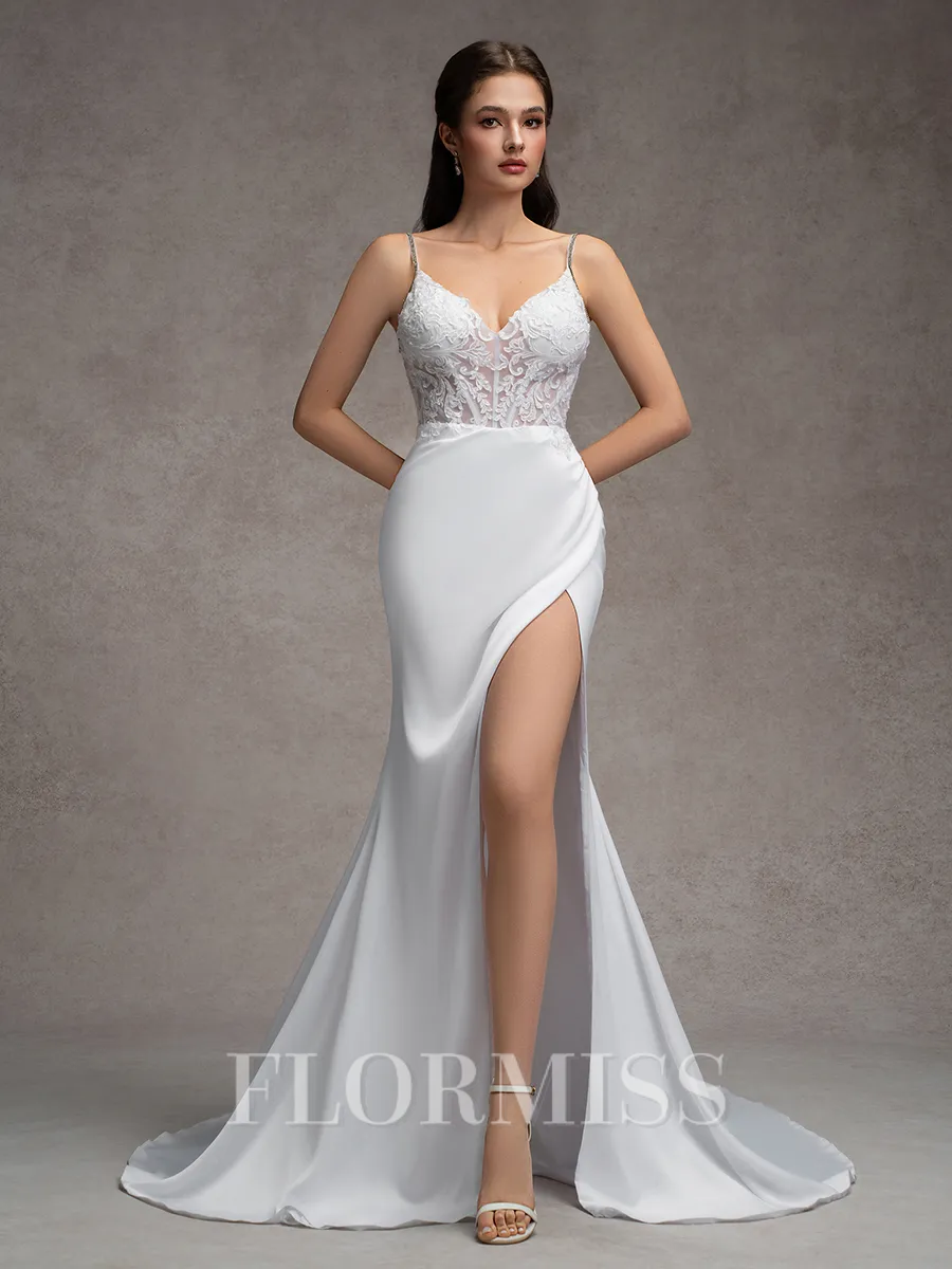 Sheath/Column Charmeuse Lace V-Neck Sleeveless Court Train Wedding Dresses