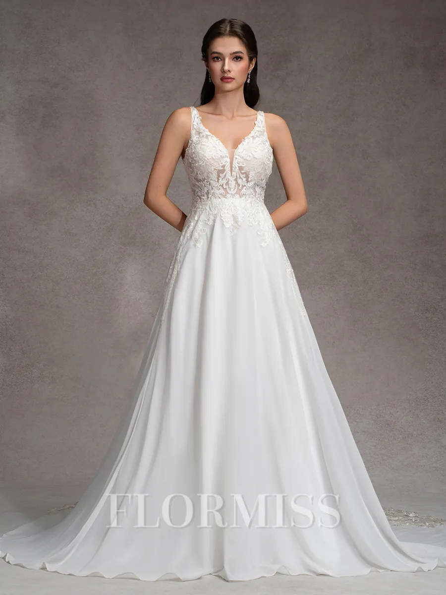 A-Line/Princess Chiffon Lace V-Neck Sleeveless Court Train Wedding Dresses