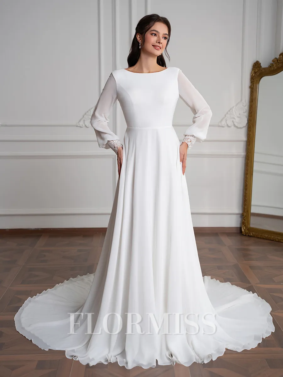 A-Line/Princess Chiffon Lace Scoop Long Sleeves Court Train Wedding Dresses