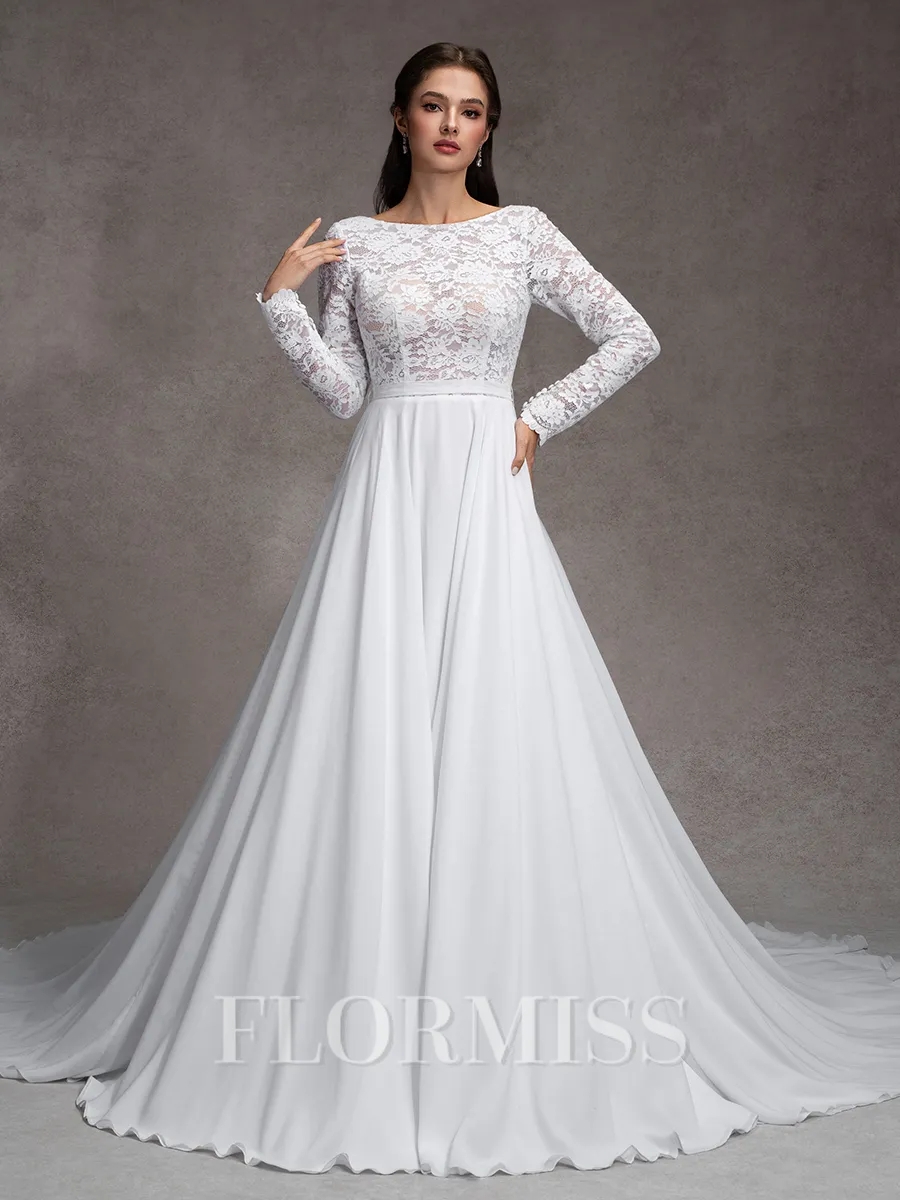 A-Line/Princess Chiffon Lace Scoop Long Sleeves Court Train Wedding Dresses
