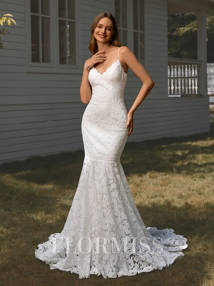 Sheath V-neck Appliques Lace Court Train Lace Wedding Dress