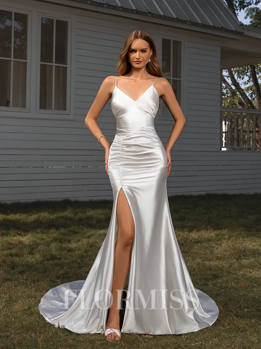 Sheath V-neck Pleated Court Train Silk Like Satin Wedding Dress
