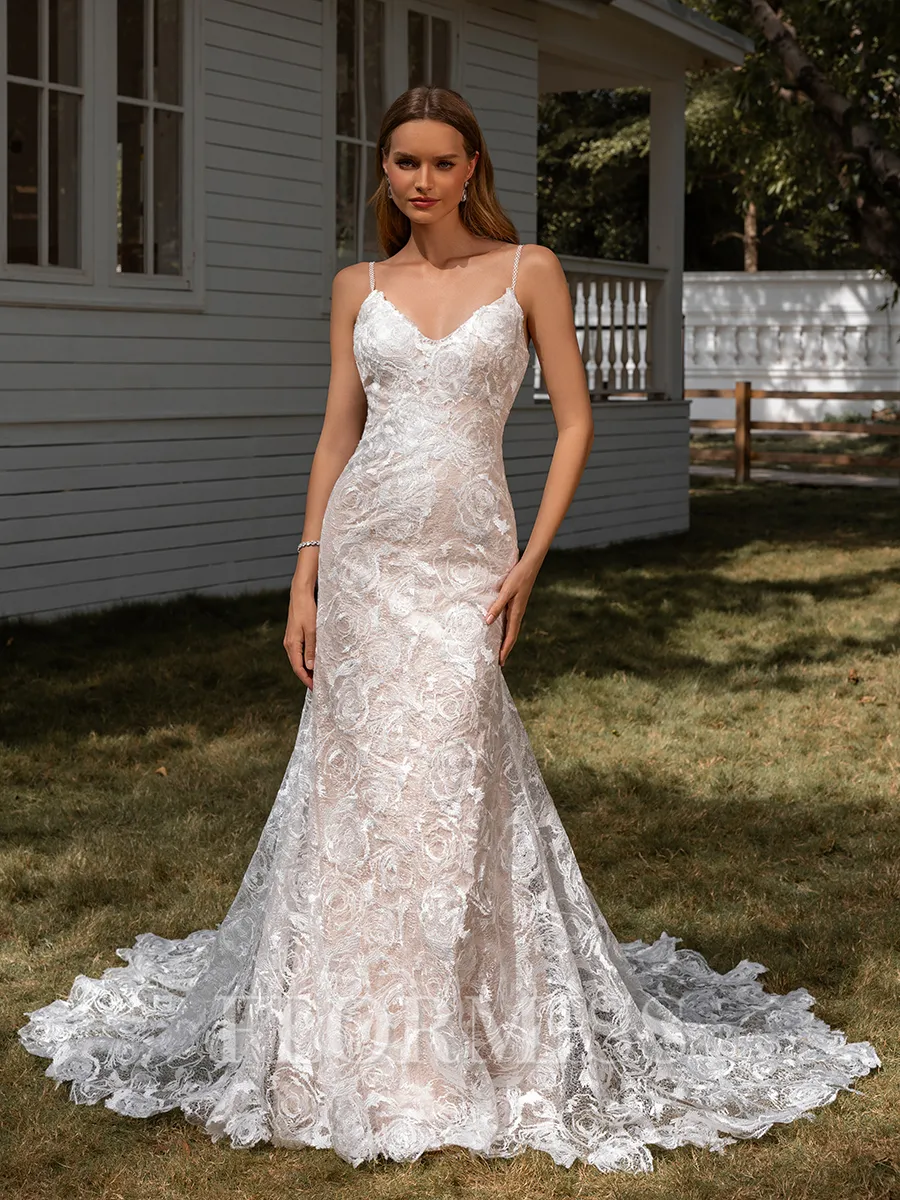 Sheath V-neck Appliques Lace Chapel Train Lace Wedding Dress