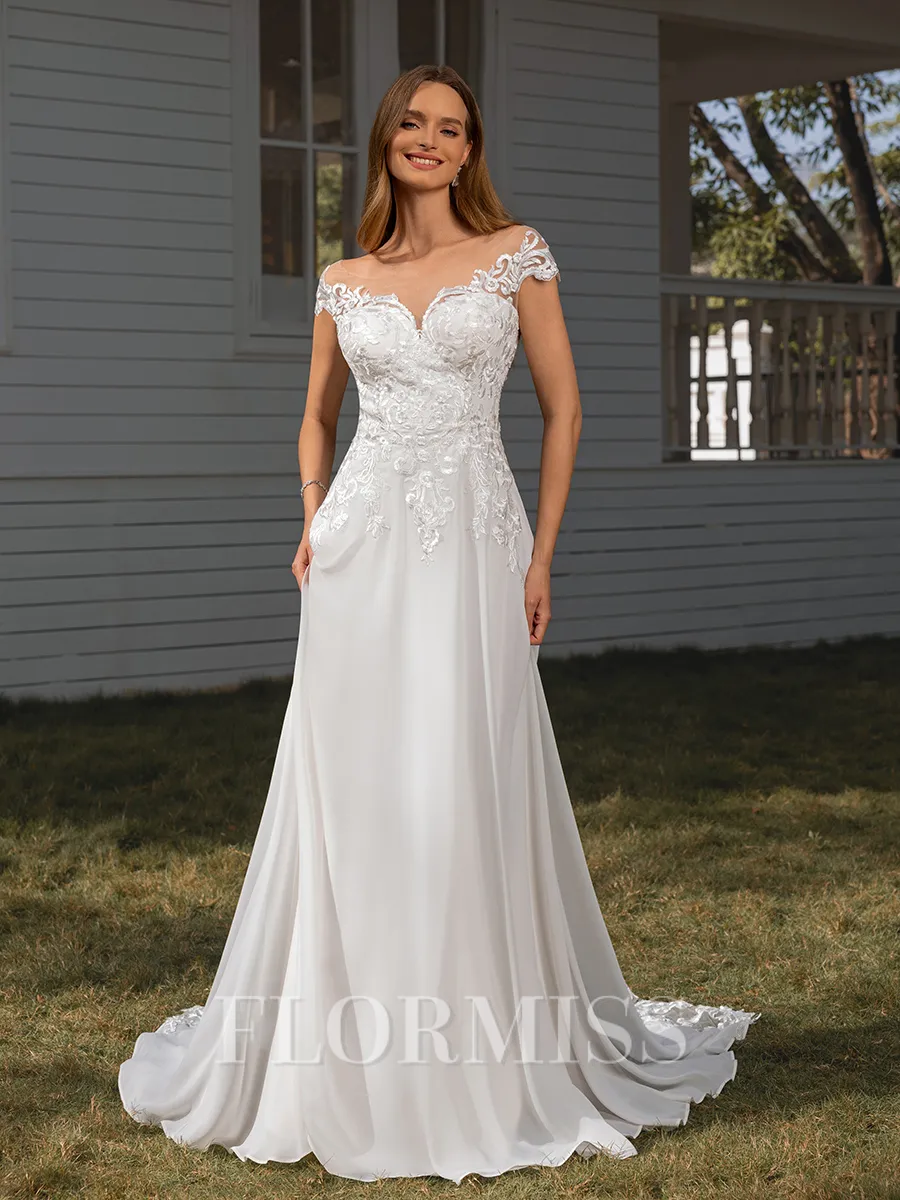 A-line Off-the-Shoulder Appliques Lace Cathedral Train Chiffon Wedding Dress