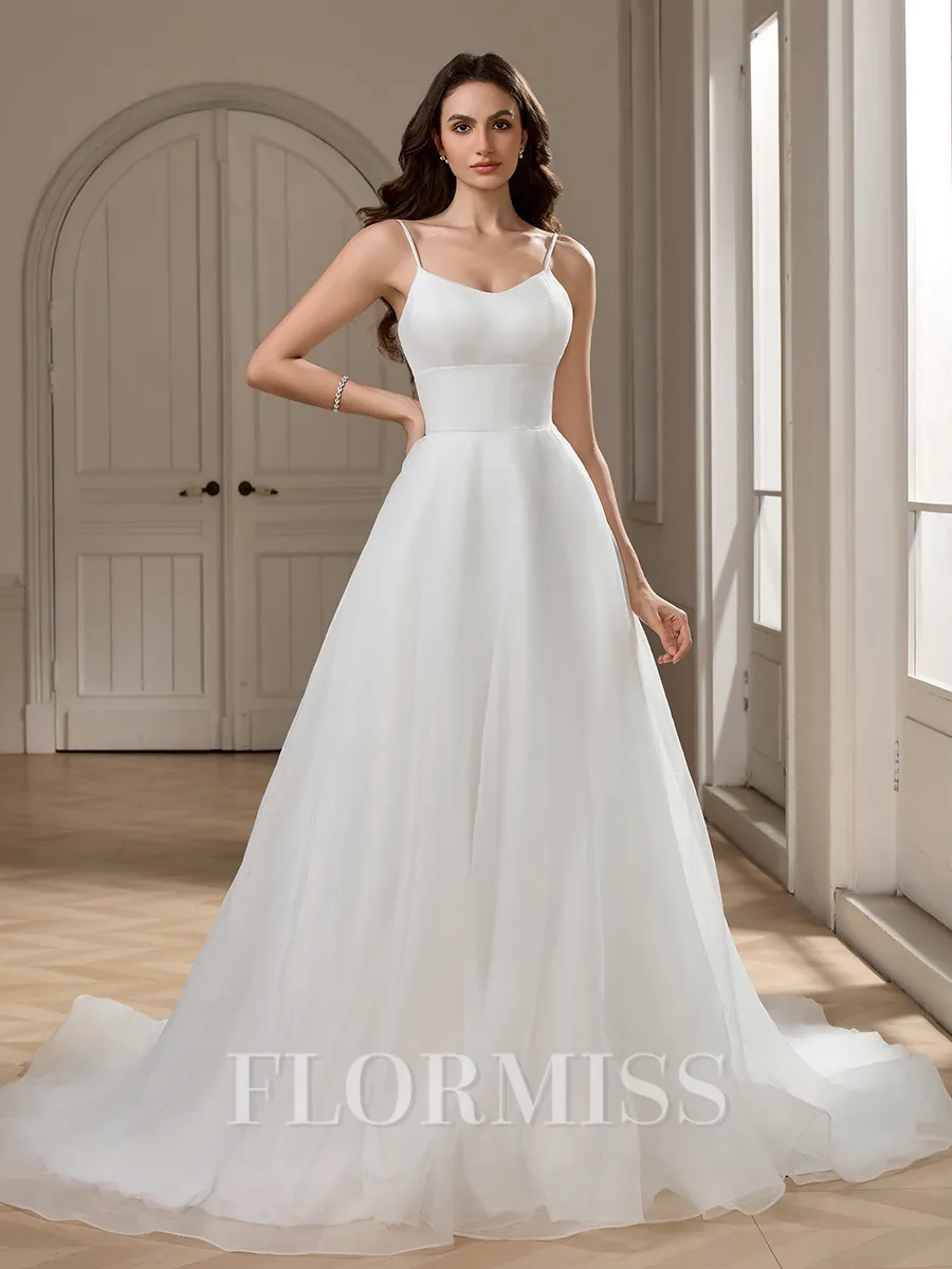 A-line Spaghetti Straps Chapel Train Organza Wedding Dress