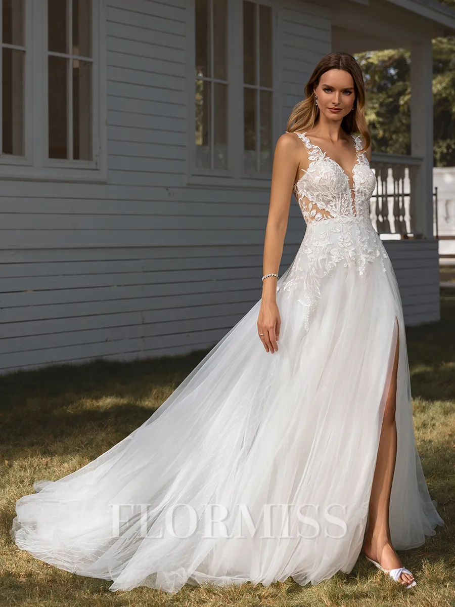 A-line V-neck Appliques Lace Chapel Train Tulle Wedding Dress