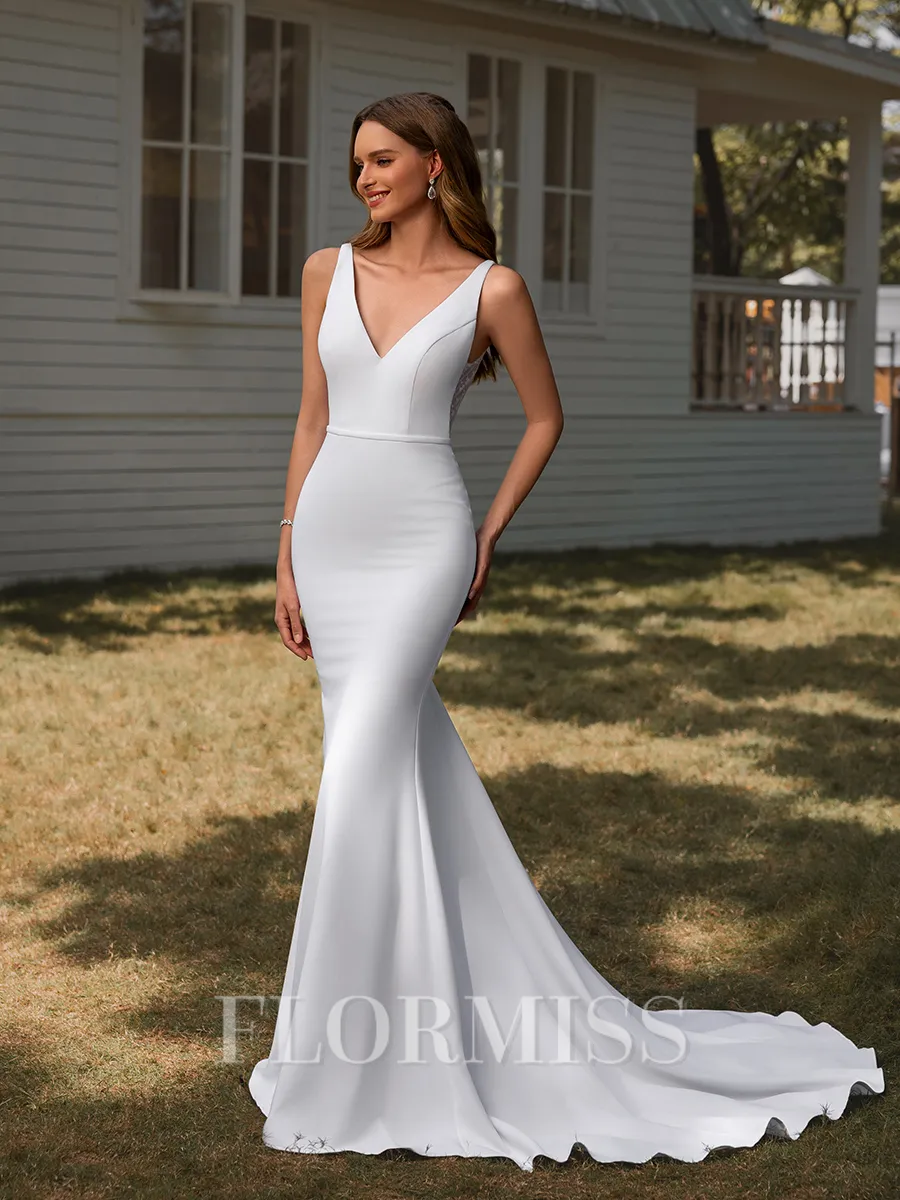 Sheath V-neck Court Train Stretch Crepe Wedding Dress