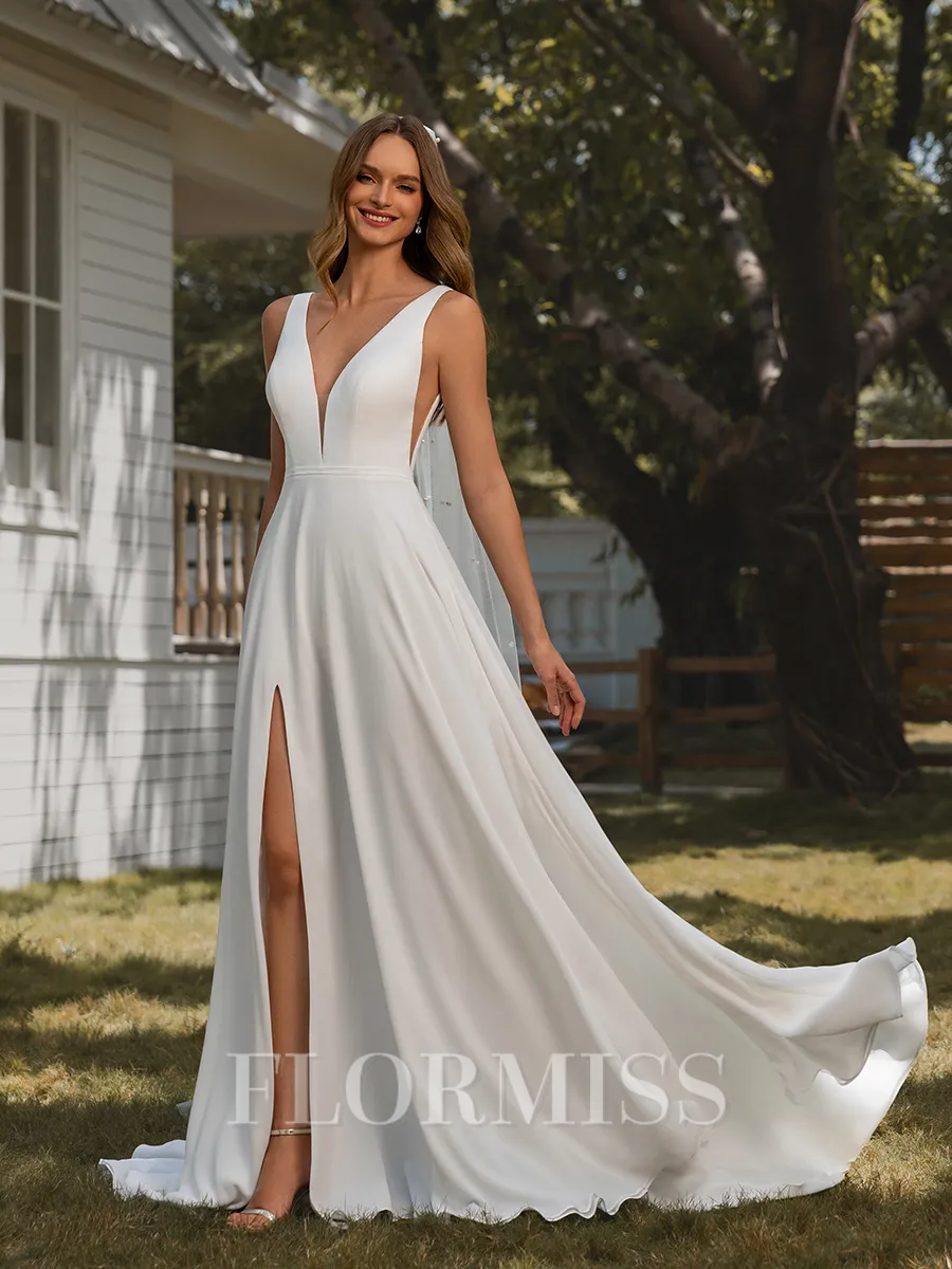 A-line V-neck Sweep Train Chiffon Wedding Dress