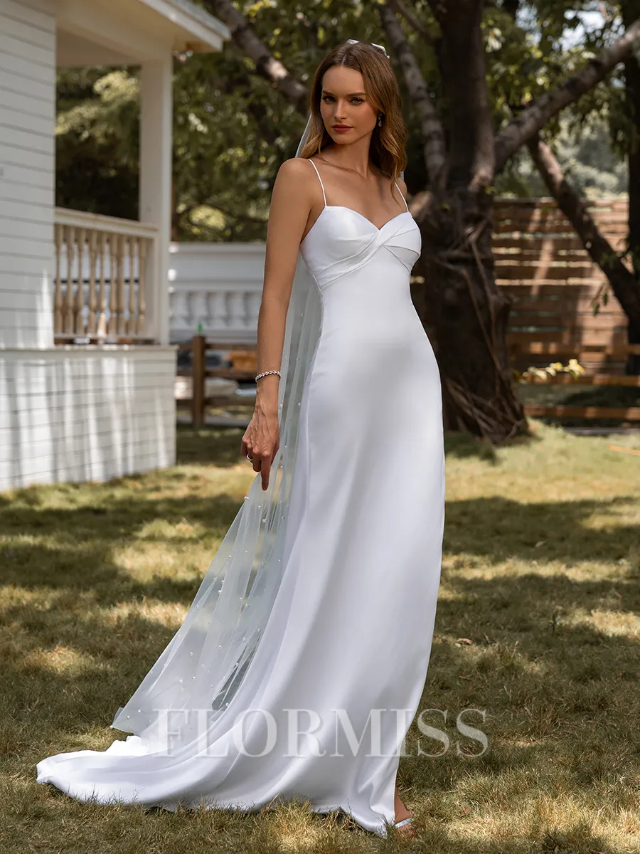 Sheath Spaghetti Straps Pleated Sweep Train Charmeuse Wedding Dress