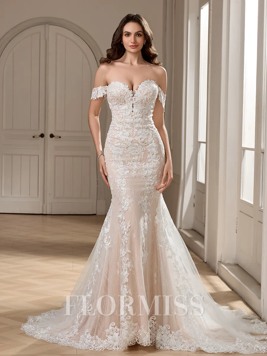 Sheath Off-the-Shoulder Appliques Lace Chapel Train Lace Wedding Dress