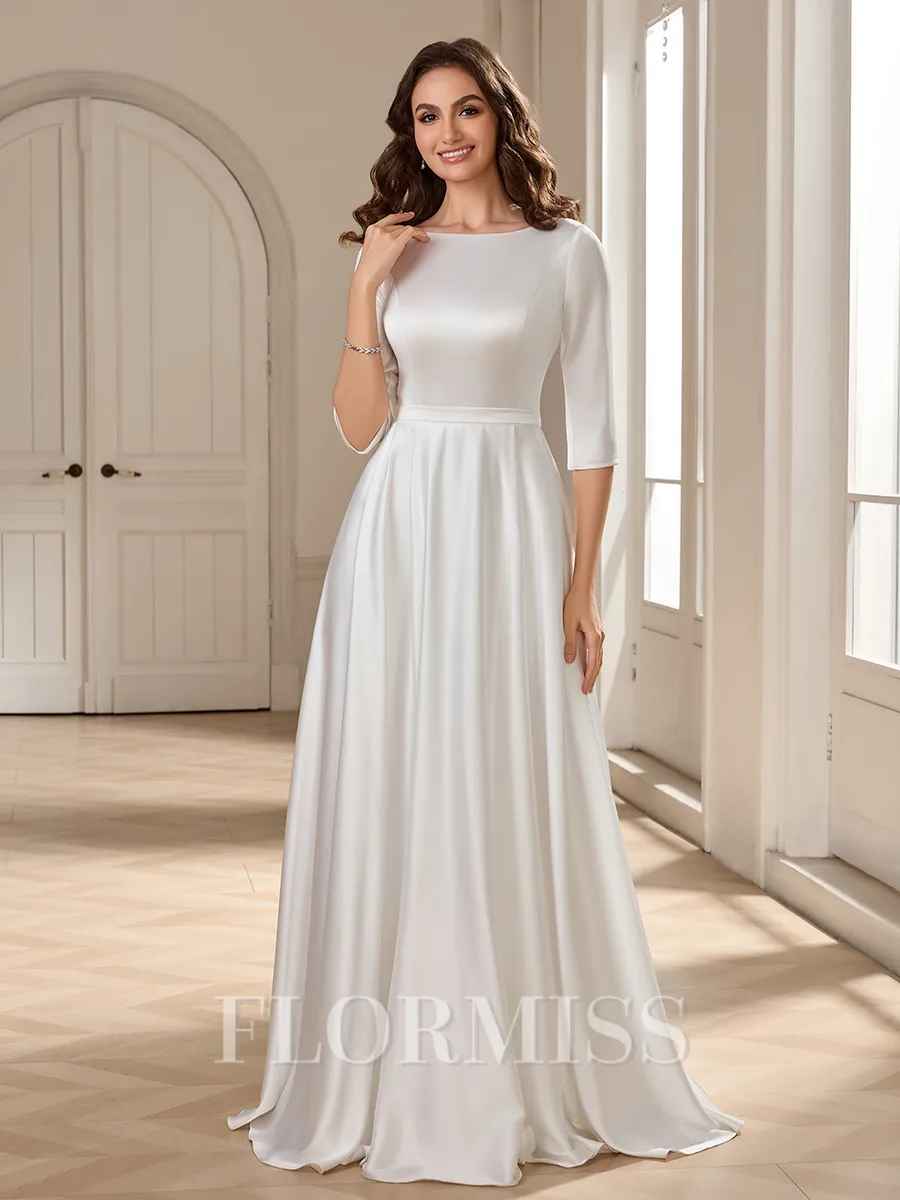 A-line Bateau 3/4 Sleeves Floor-Length Stretch Crepe Wedding Dress