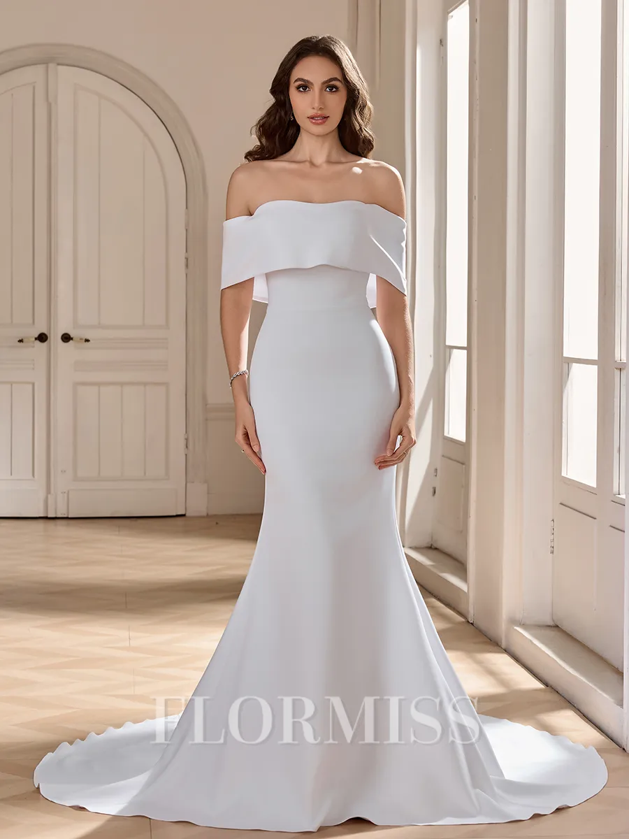 Sheath Off-the-Shoulder Cathedral Train Stretch Crepe Wedding Dress