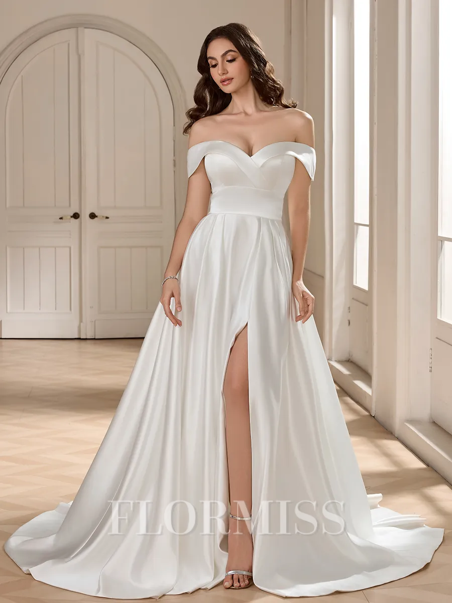 A-line Off-the-Shoulder Court Train Satin Wedding Dress