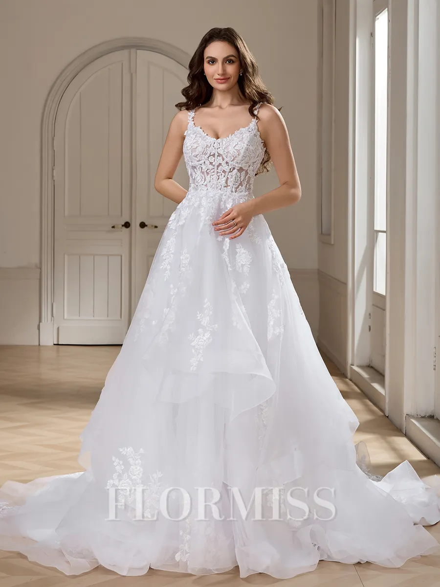 Ball-Gown V-neck Appliques Lace Cathedral Train Tulle Wedding Dress