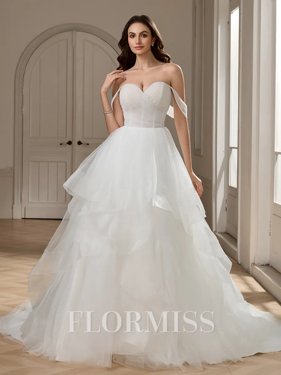 Ball-Gown Off-the-Shoulder Cascading Ruffles Court Train Tulle Corset Wedding Dress