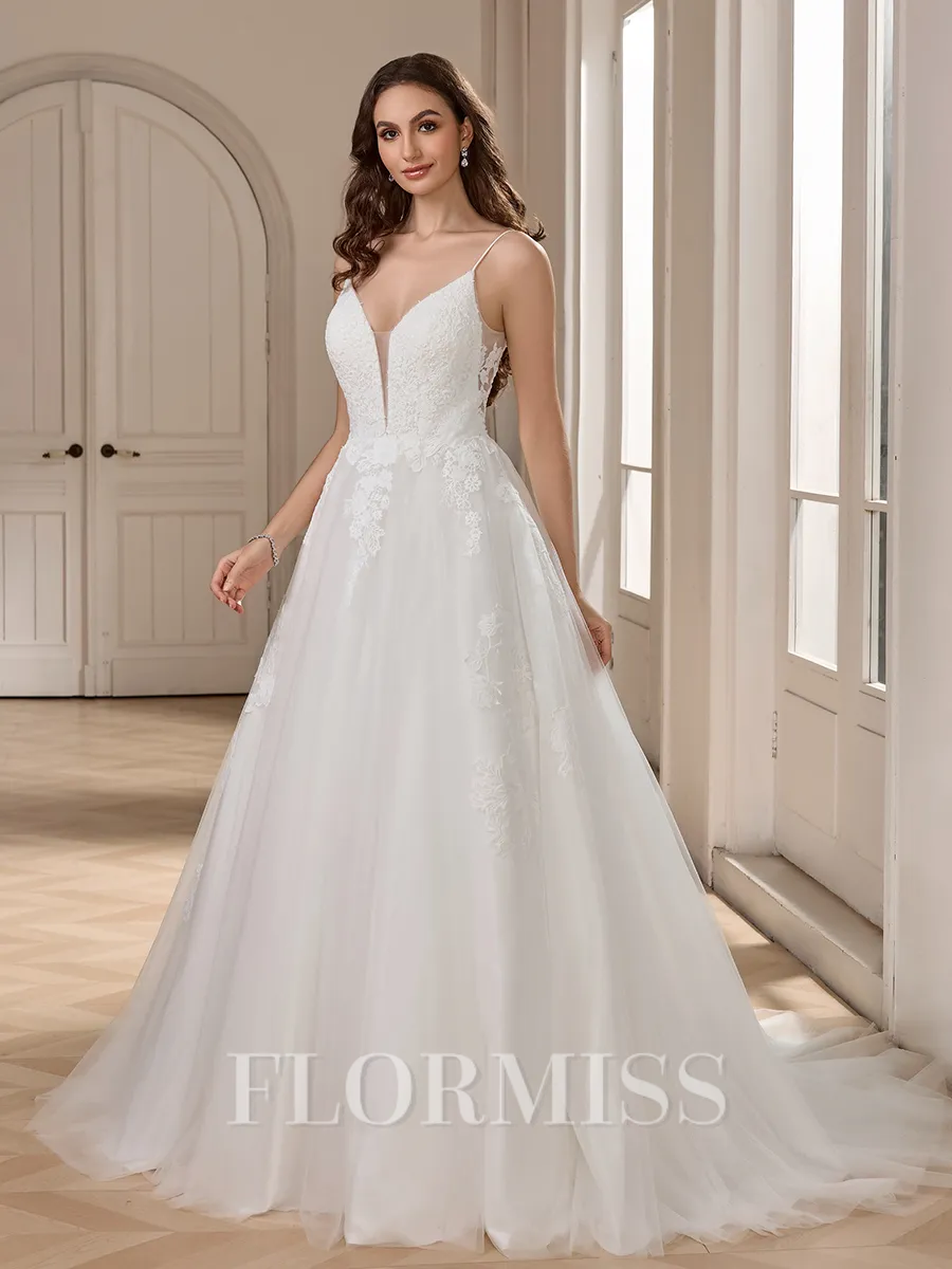 A-line V-neck Appliques Lace Court Train Tulle Wedding Dress