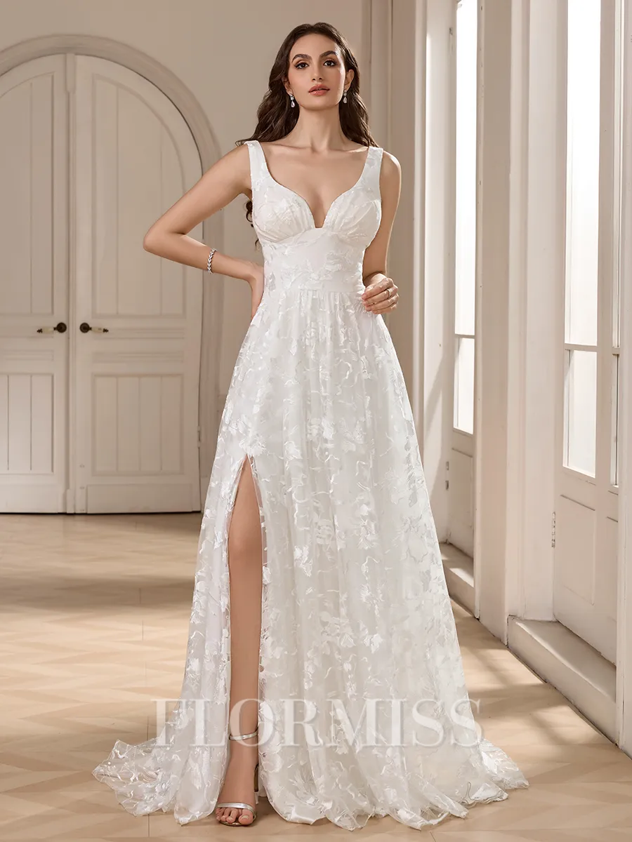 A-line V-neck Appliques Lace Court Train Lace Wedding Dress