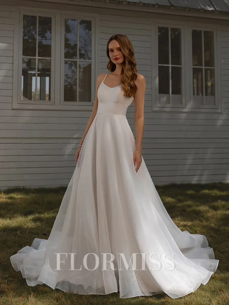 A-line Spaghetti Straps Chapel Train Organza Wedding Dress