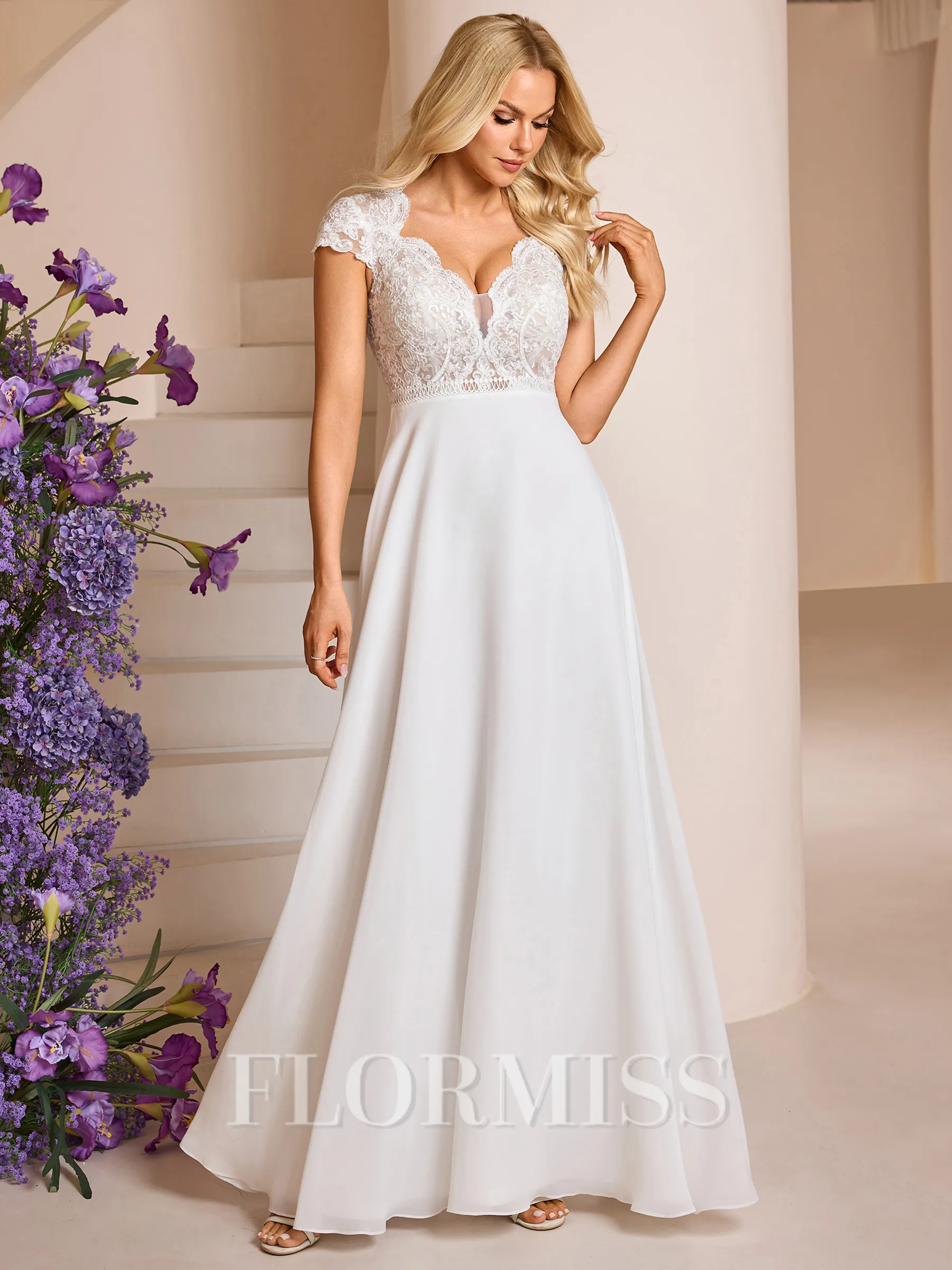 A-line V-neck Short Sleeves Appliques Lace Floor-Length Chiffon Wedding Dress