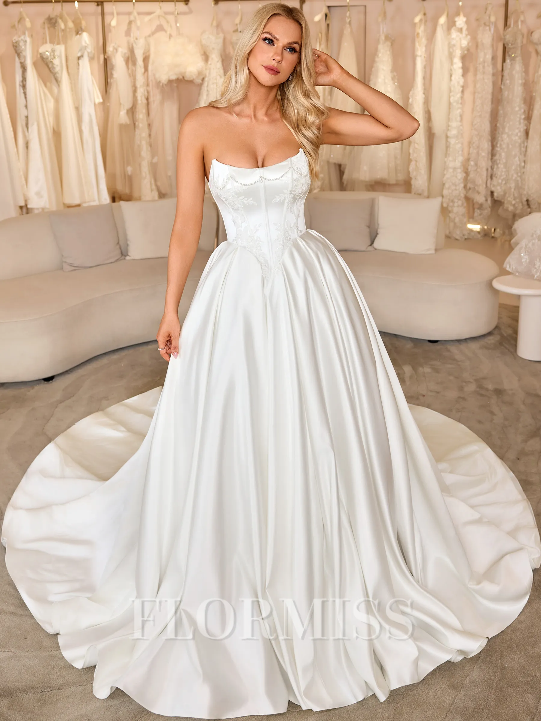 Ball-Gown Straight Appliques Lace Chapel Train Satin Corset Wedding Dress