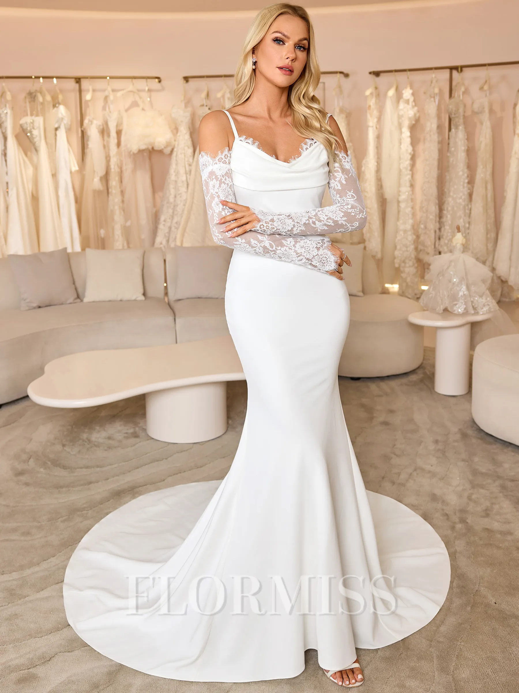 Sheath Spaghetti Straps Long Sleeves Pleated Court Train Stretch Crepe Wedding Dress