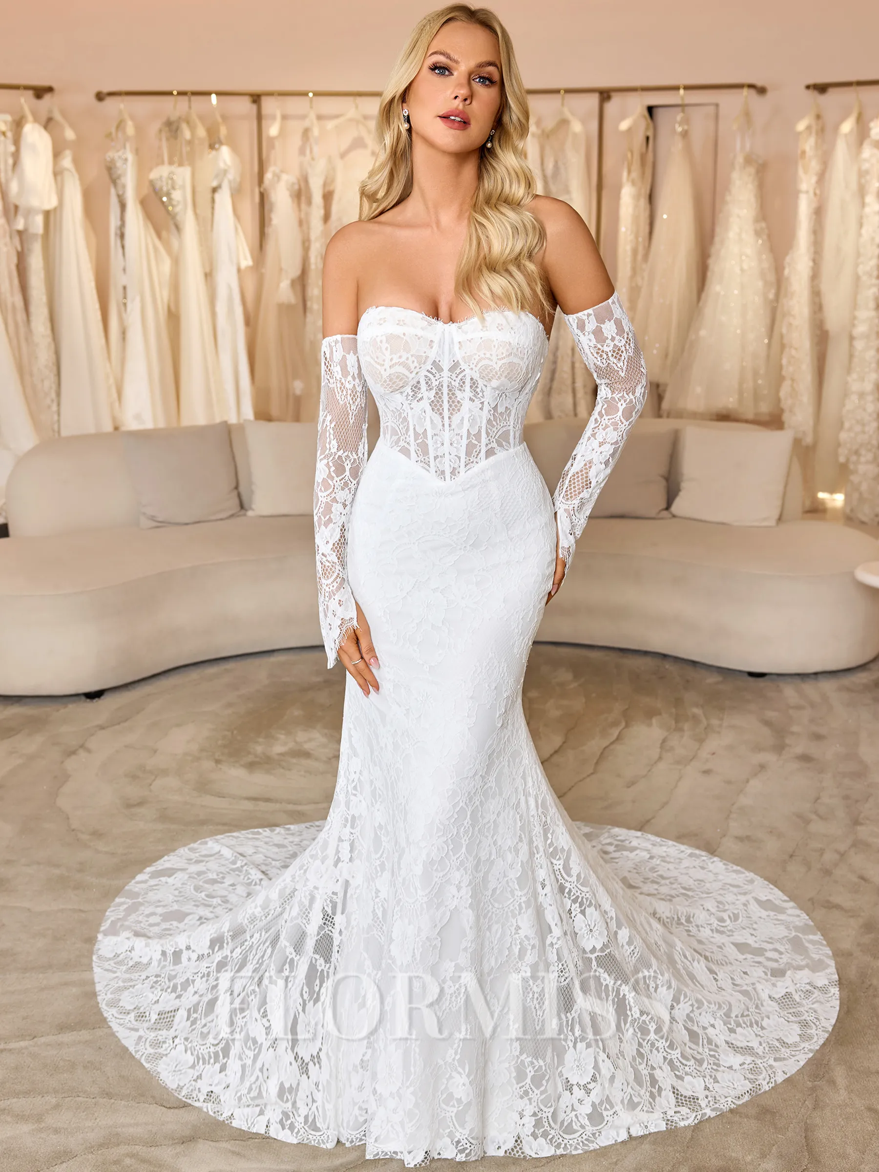 Sheath Sweetheart Long Sleeves Court Train Lace Corset Wedding Dress