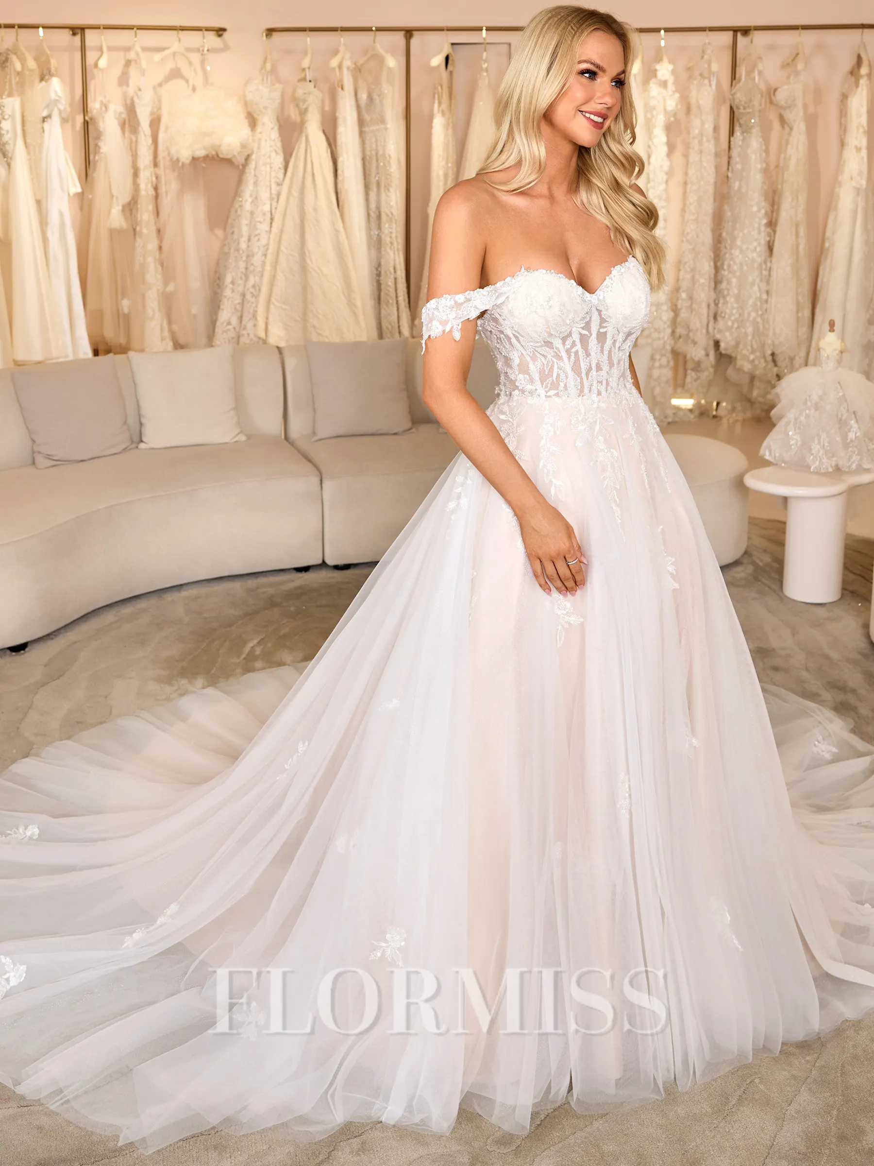 A-line Off-the-Shoulder Appliques Lace Cathedral Train Tulle Corset Wedding Dress