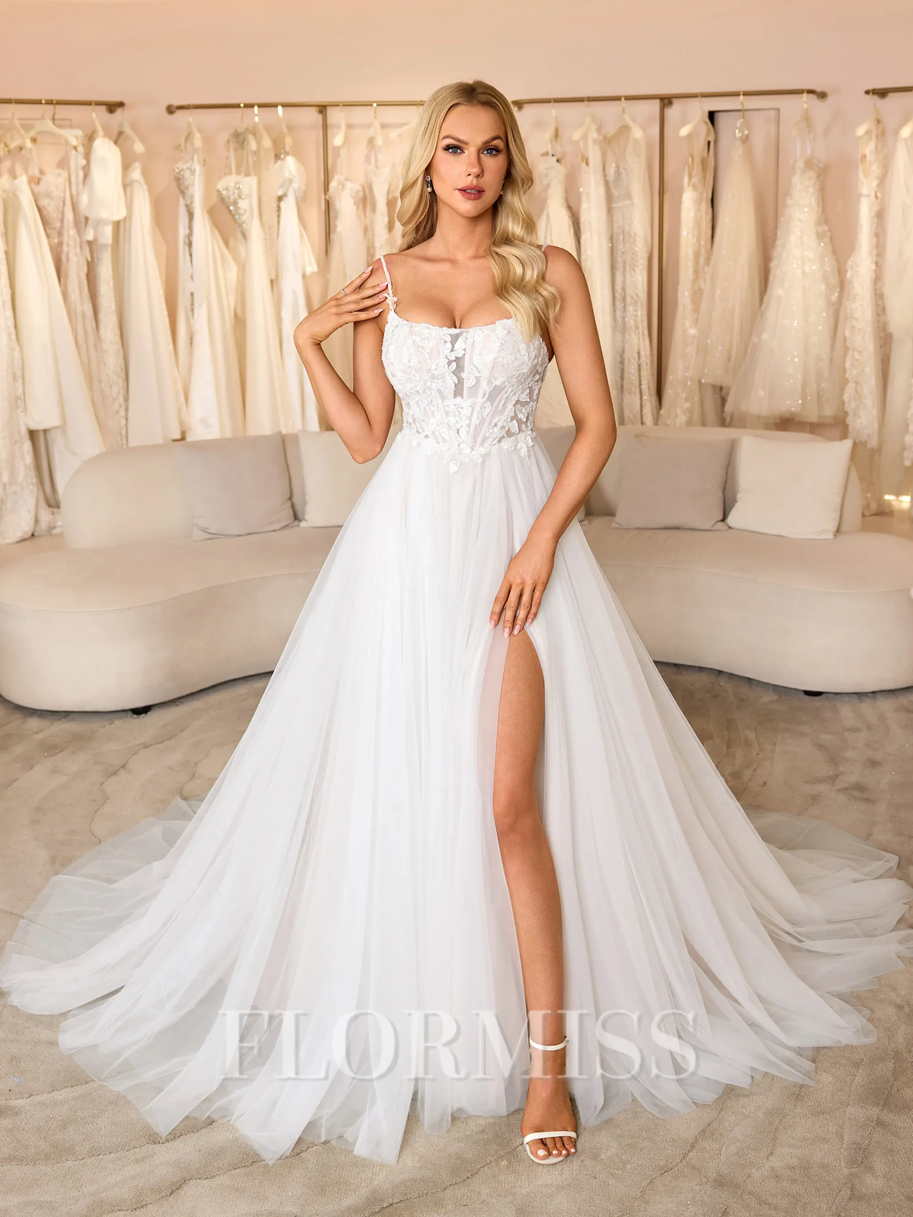 A-line Spaghetti Straps Appliques Lace Chapel Train Tulle Corset Wedding Dress