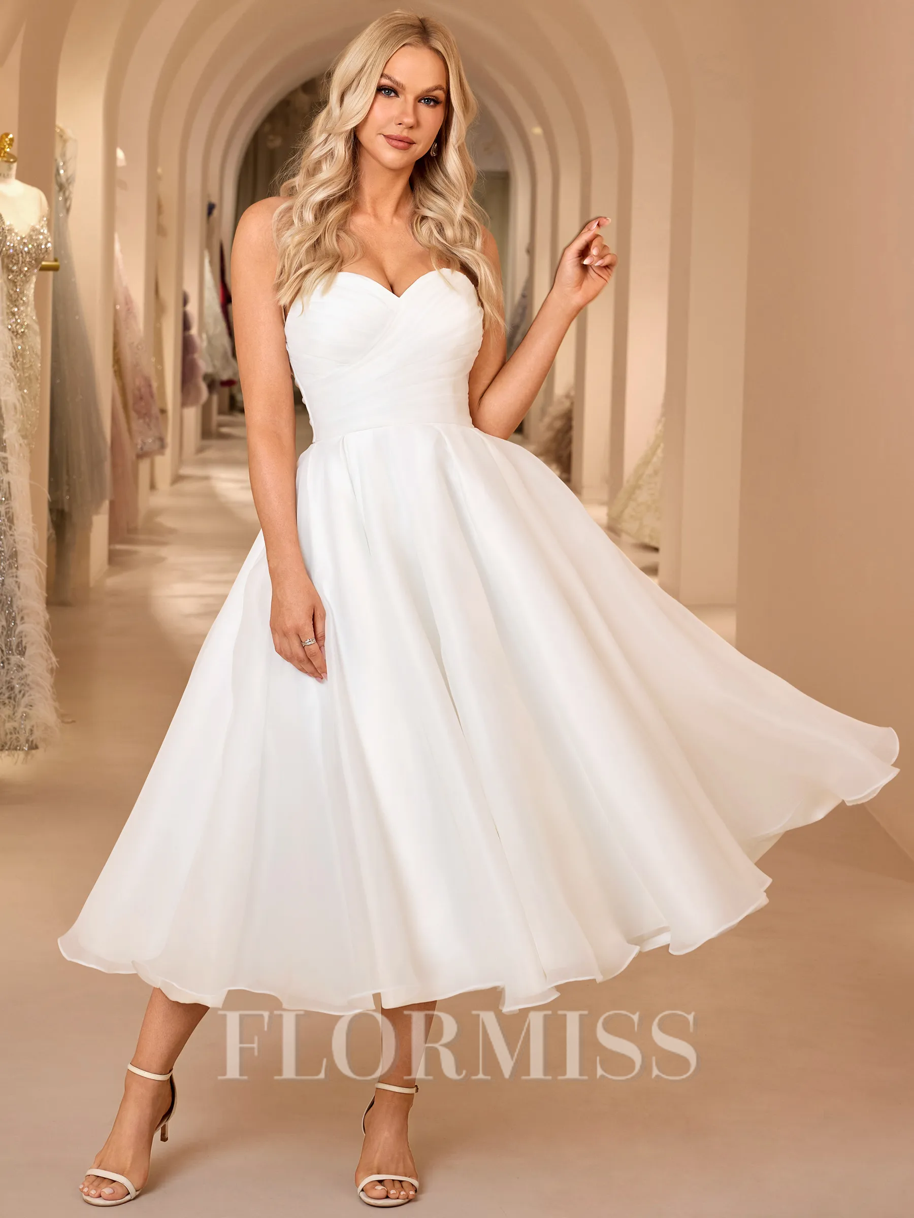 A-line Sweetheart Pleated Tea-Length Organza Corset Wedding Dress