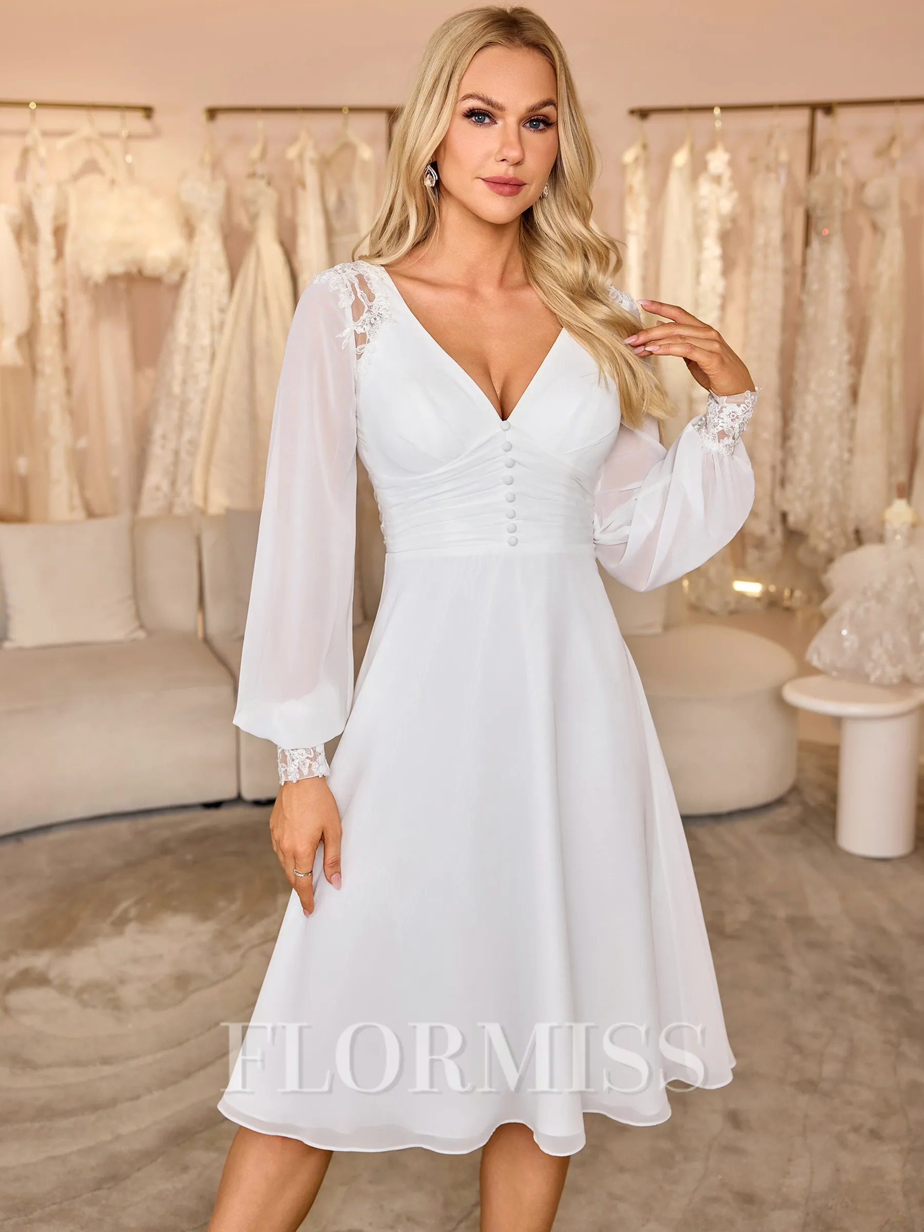 A-line V-neck Long Sleeves Appliques Lace Knee-Length Chiffon Wedding Dress