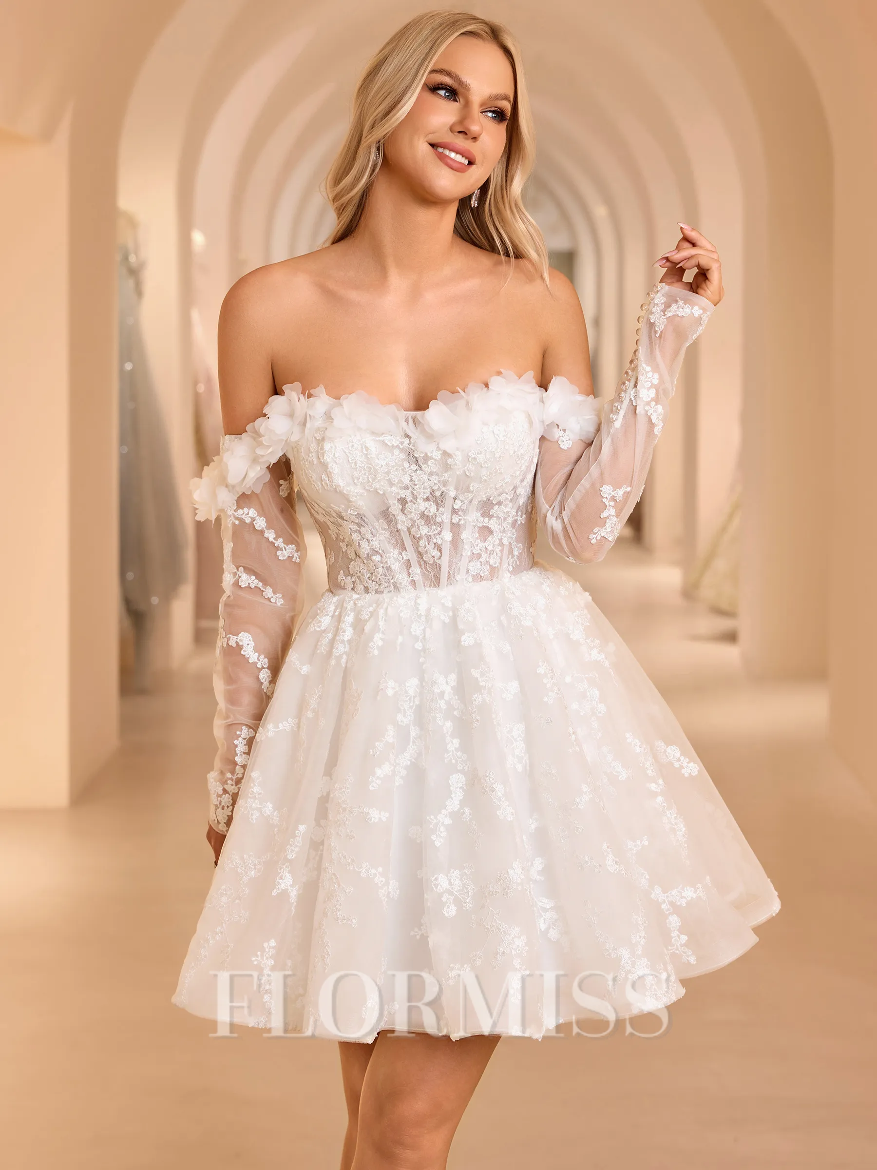 Ball-Gown Off-the-Shoulder Long Sleeves Appliques Lace Short/Mini Lace Corset Wedding Dress