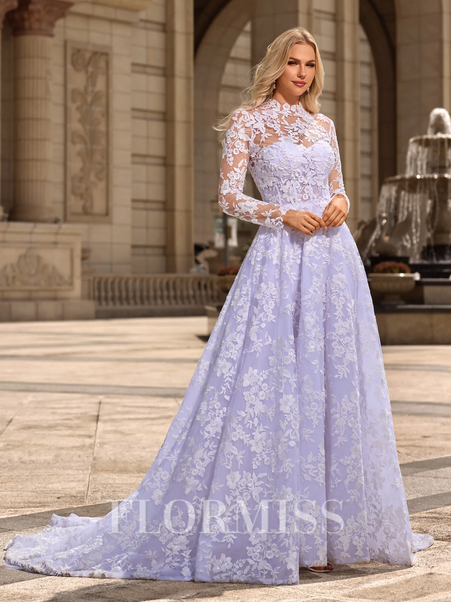 A-line/Princess Lace High Neck Long Sleeves Chapel Train Wedding Dresses