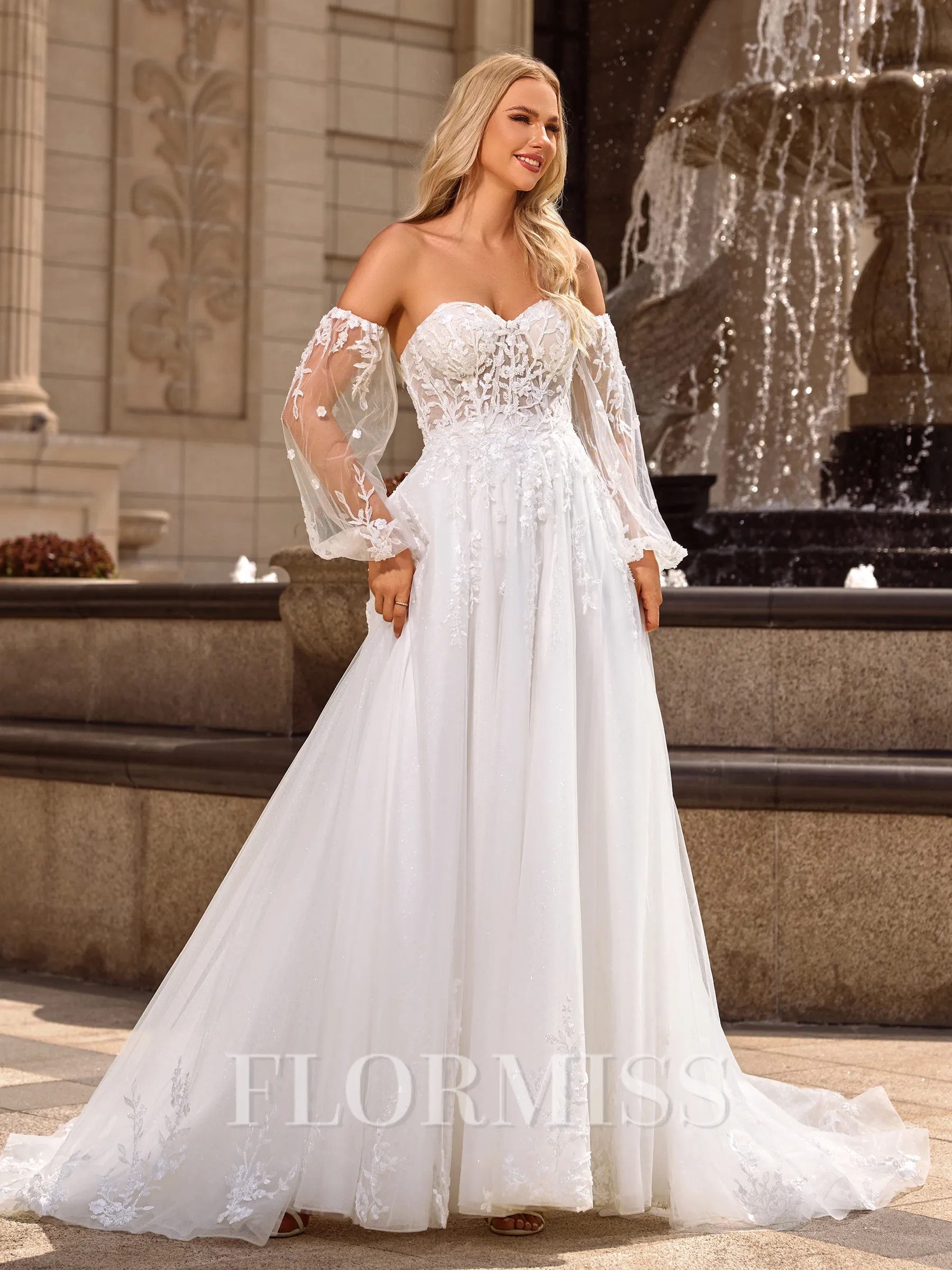 A-line/Princess Tulle Sweetheart Long Sleeves Court Train Wedding Dresses