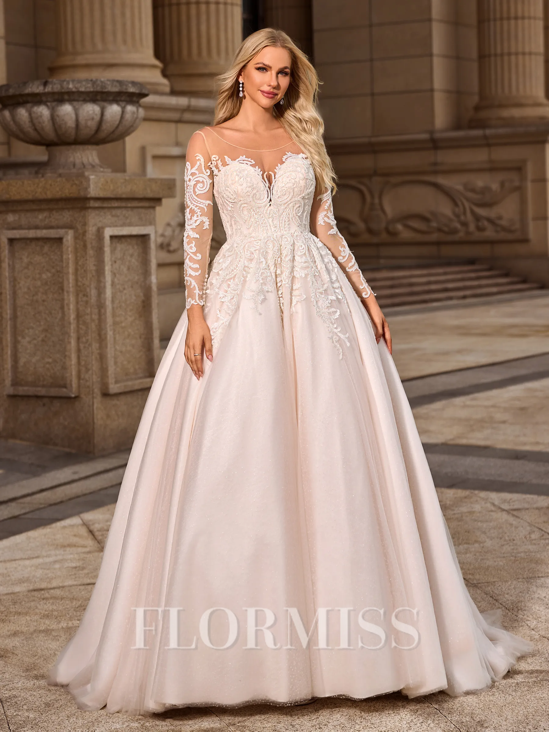 Ball Gown Tulle Scoop Long Sleeves Court Train Wedding Dresses