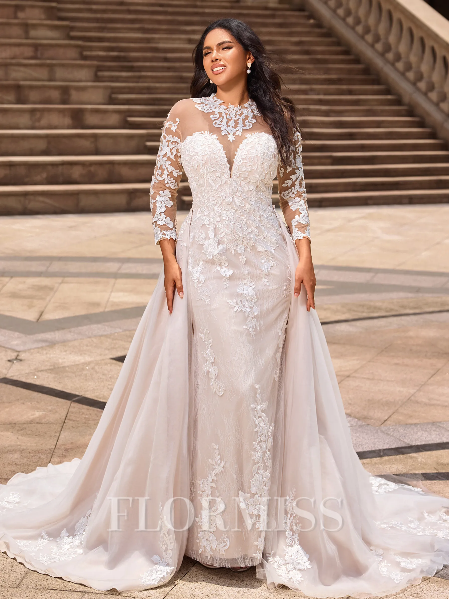 Sheath/Column Lace High Neck Long Sleeves Chapel Train Wedding Dresses