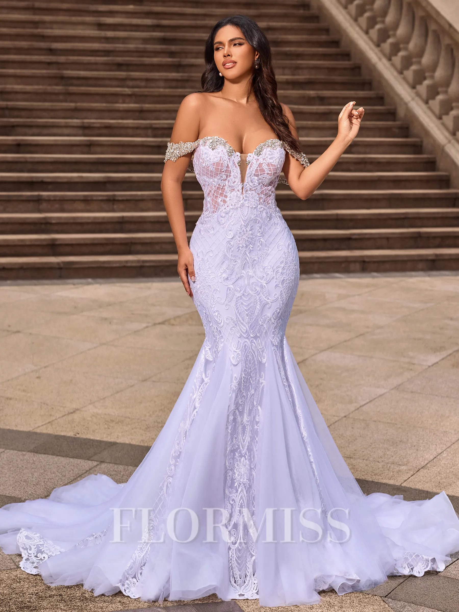 Sheath/Column Tulle Off-the-Shoulder Sleeveless Chapel Train Wedding Dresses