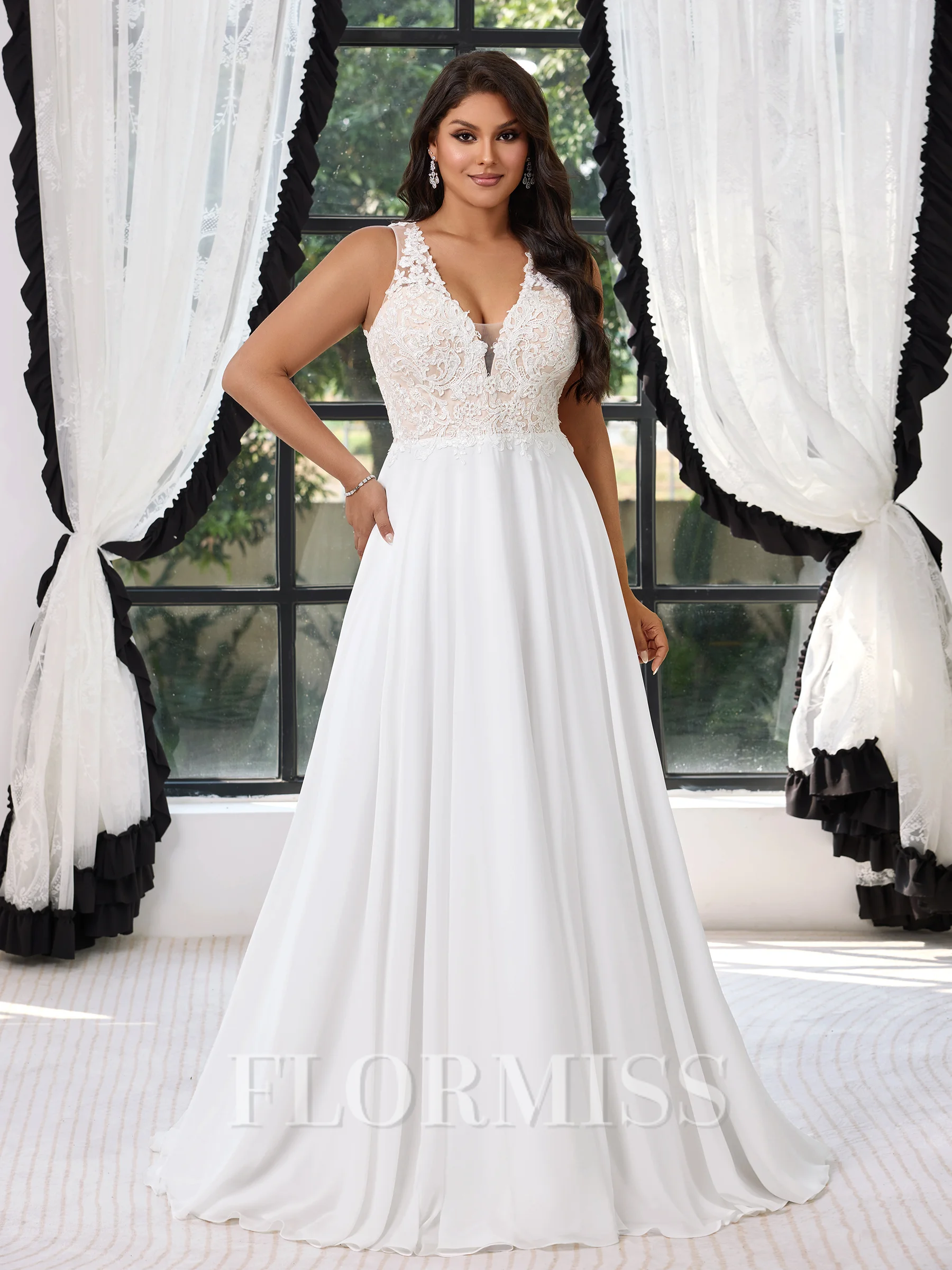 A-line V-neck Appliques Lace Floor-Length Chiffon Corset Plus Size Wedding Dress