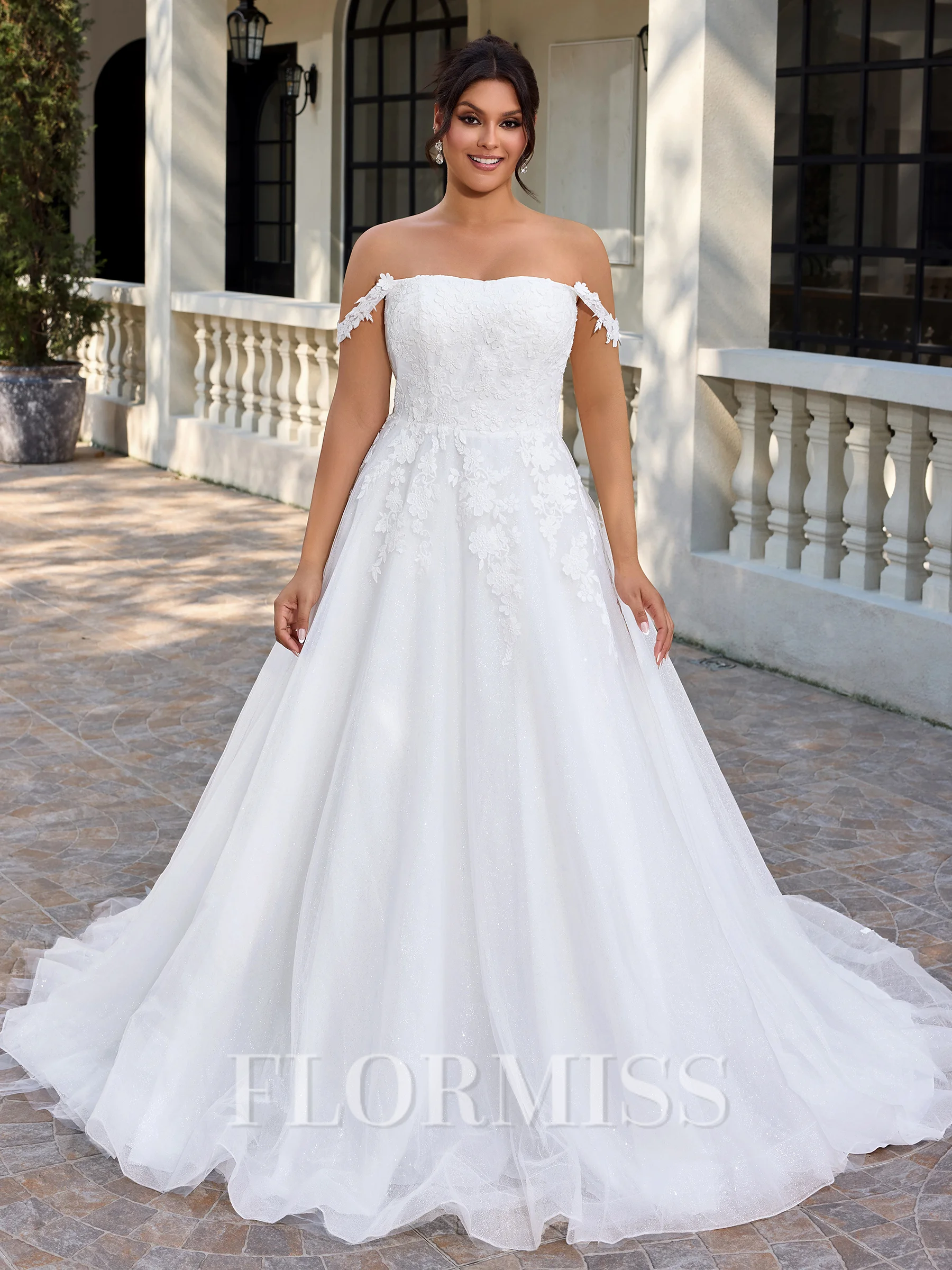 A-line Off-the-Shoulder Appliques Lace Court Train Tulle Corset Plus Size Wedding Dress