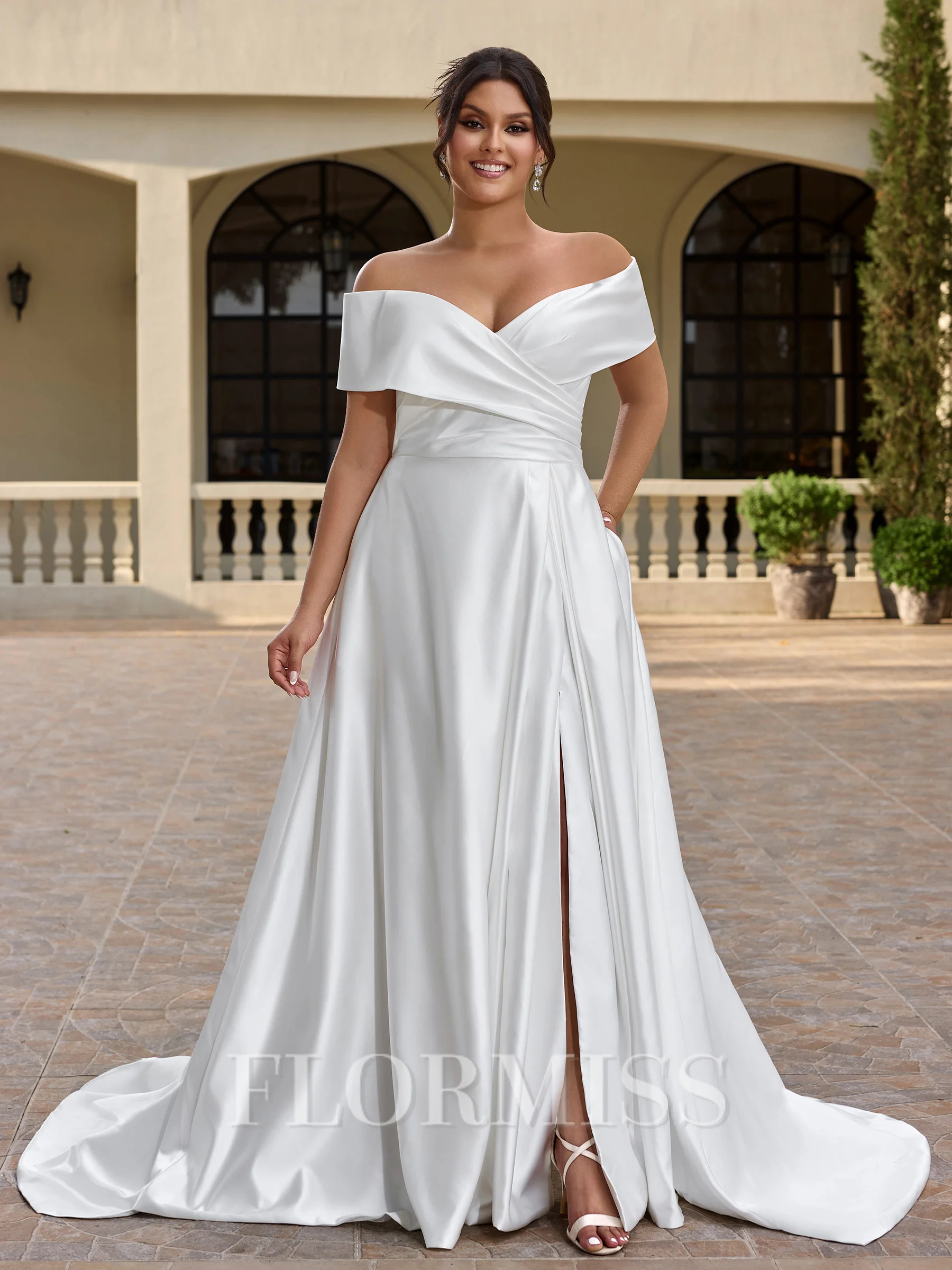 A-line Off-the-Shoulder Pleated Court Train Satin Corset Plus Size Wedding Dress