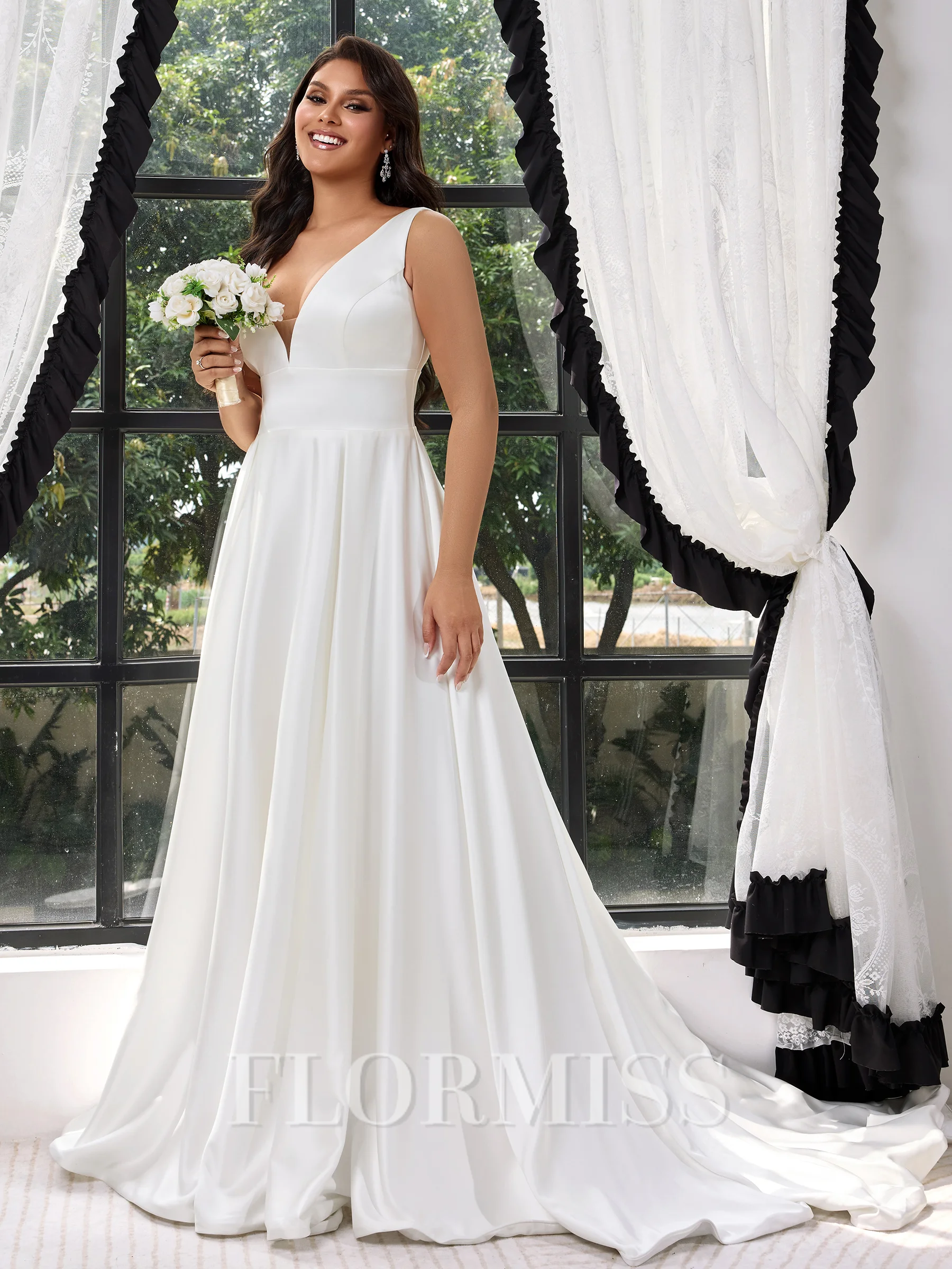 A-line V-neck Court Train Satin Plus Size Wedding Dress