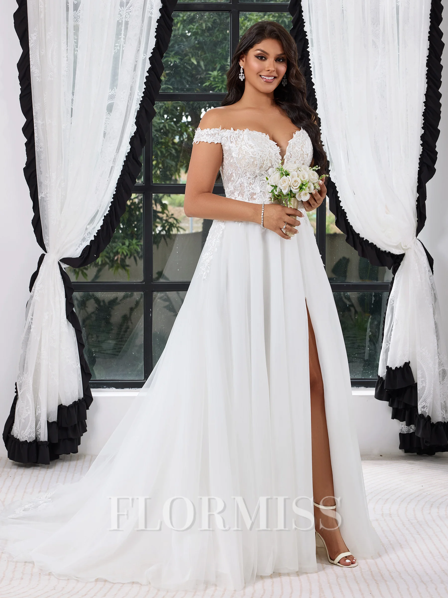 A-line Off-the-Shoulder Appliques Lace Court Train Tulle Corset Plus Size Wedding Dress