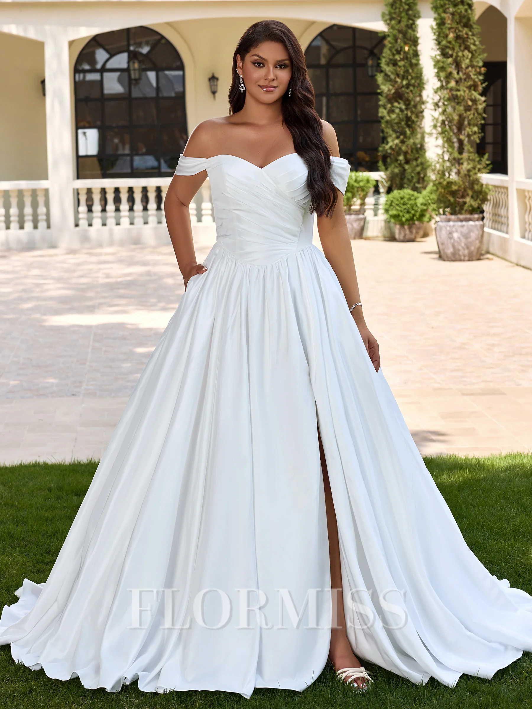 Ball-Gown Off-the-Shoulder Pleated Court Train Corset Plus Size Wedding Dress