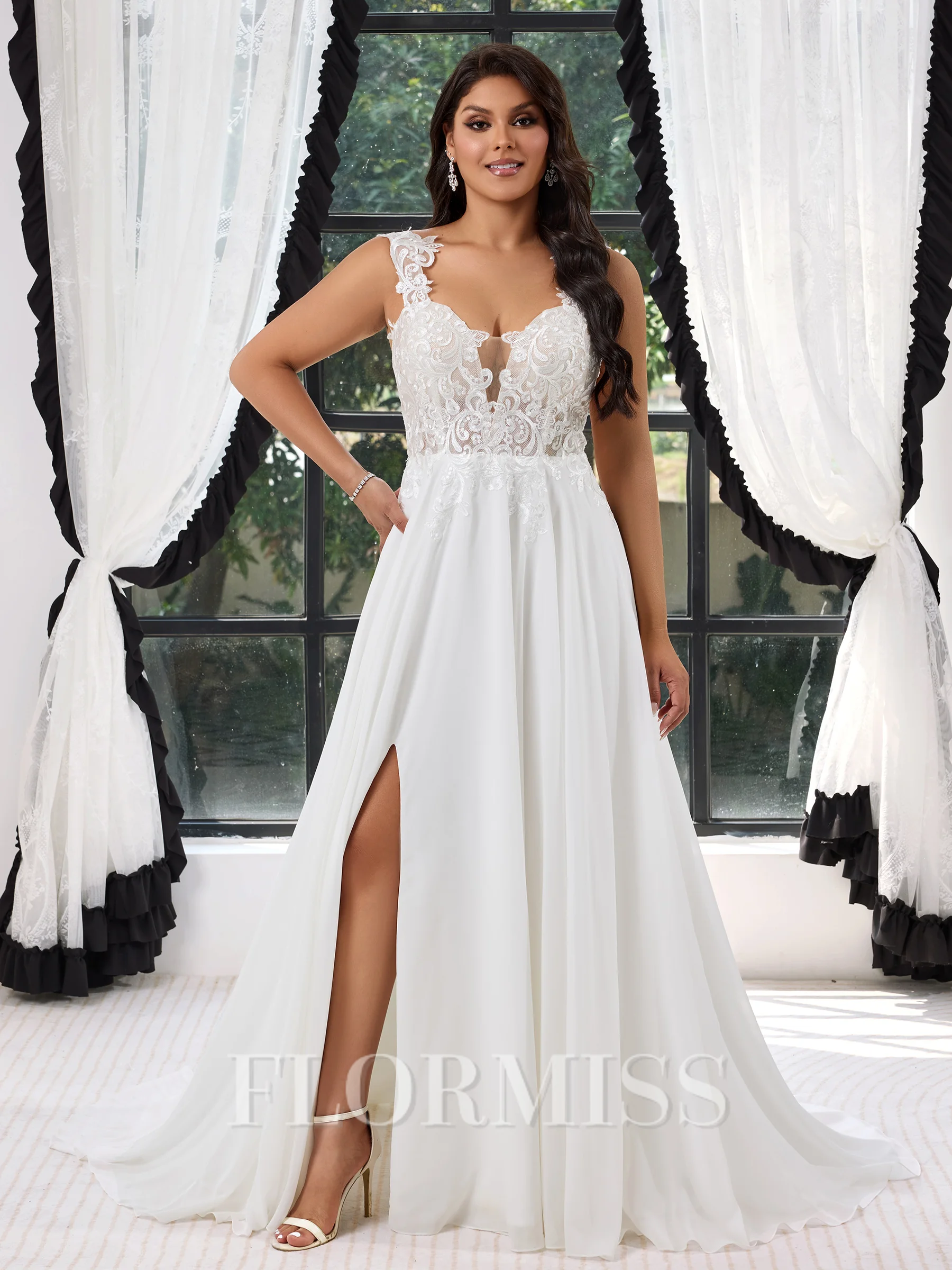 A-line Straps Appliques Lace Sweep Train Chiffon Plus Size Wedding Dress