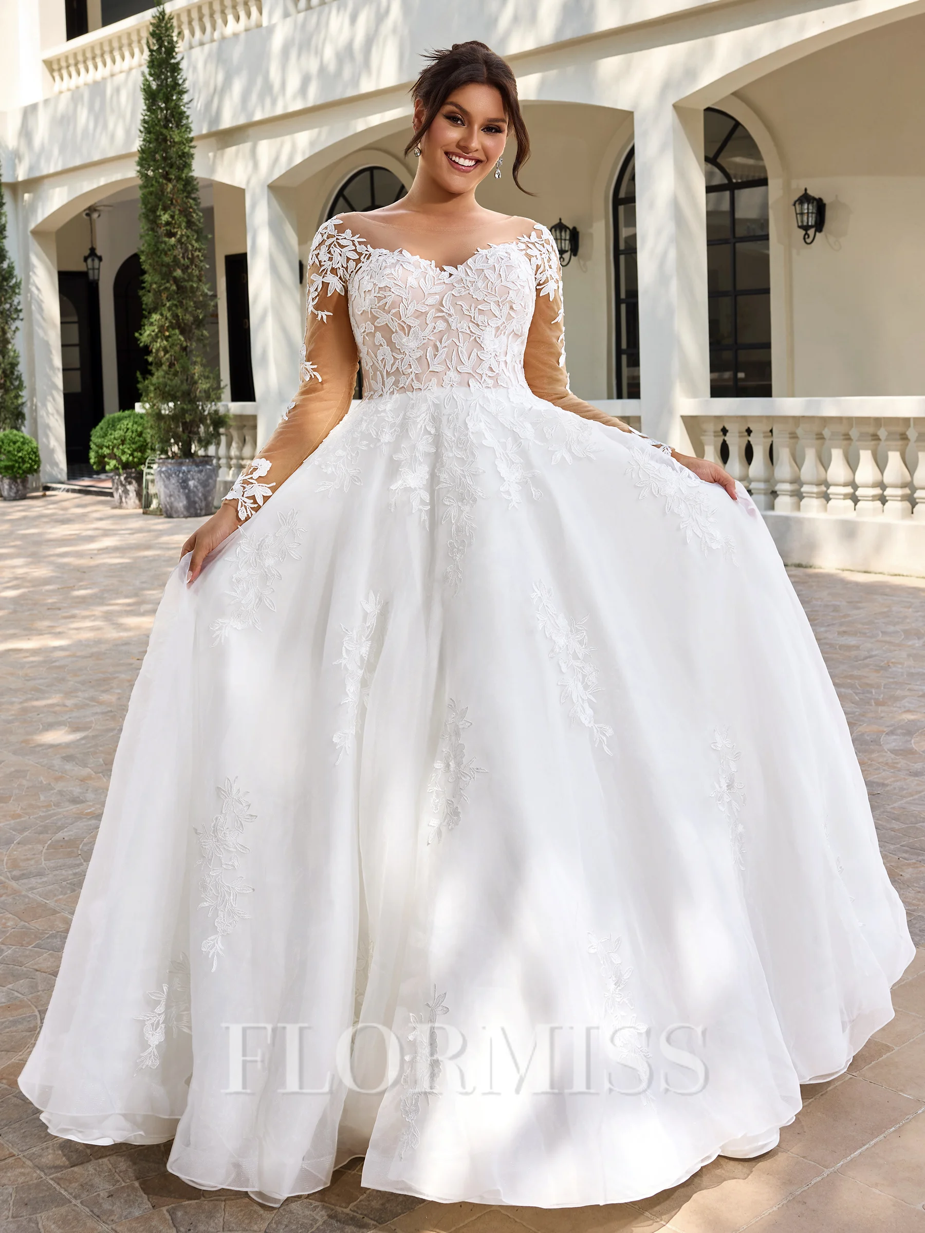 A-line Scoop Long Sleeves Appliques Lace Sweep Train Organza Plus Size Wedding Dress