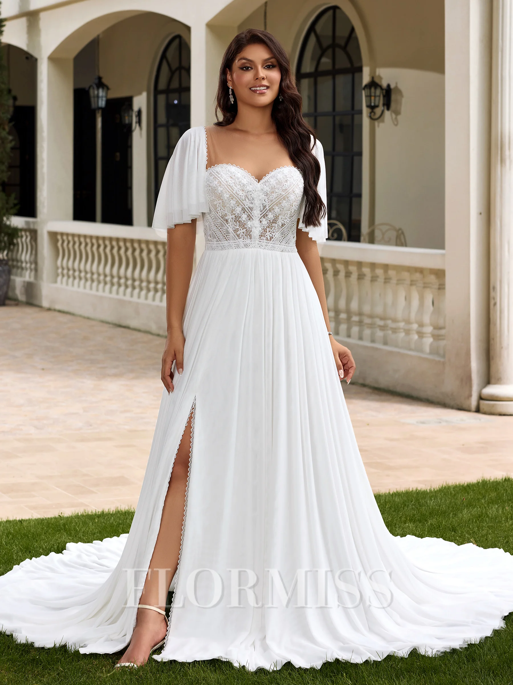 A-line Scoop Short Sleeves Appliques Lace Chapel Train Tulle Plus Size Wedding Dress