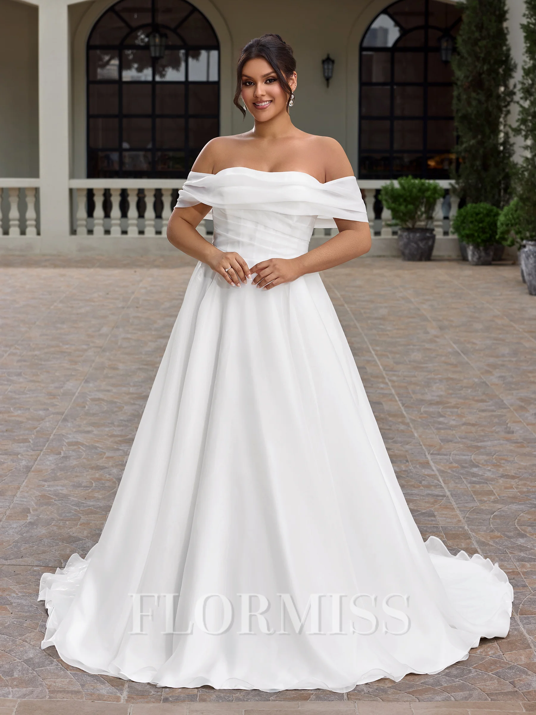 A-line Off-the-Shoulder Pleated Sweep Train Organza Corset Plus Size Wedding Dress