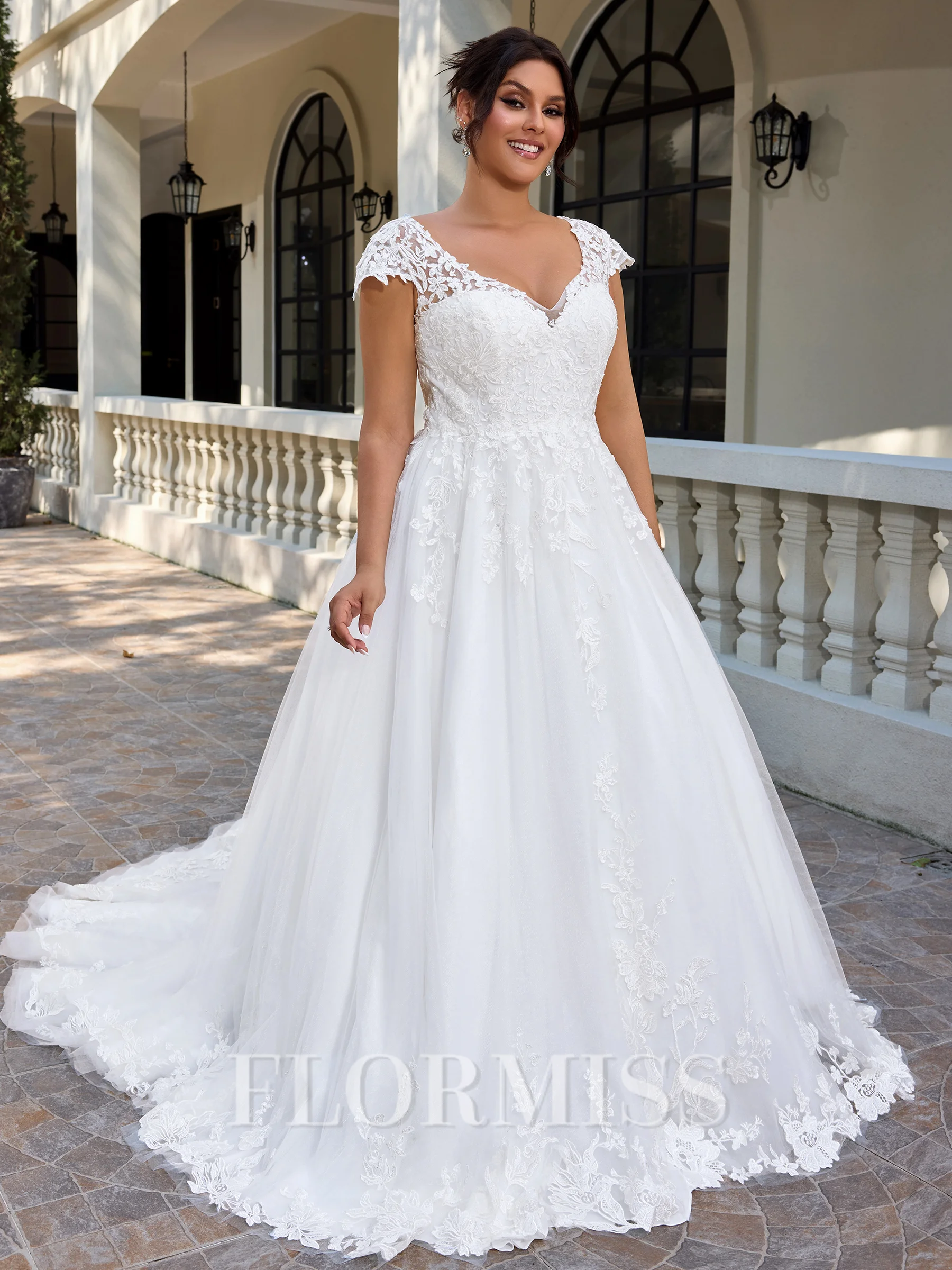 A-line V-neck Appliques Lace Court Train Tulle Plus Size Wedding Dress
