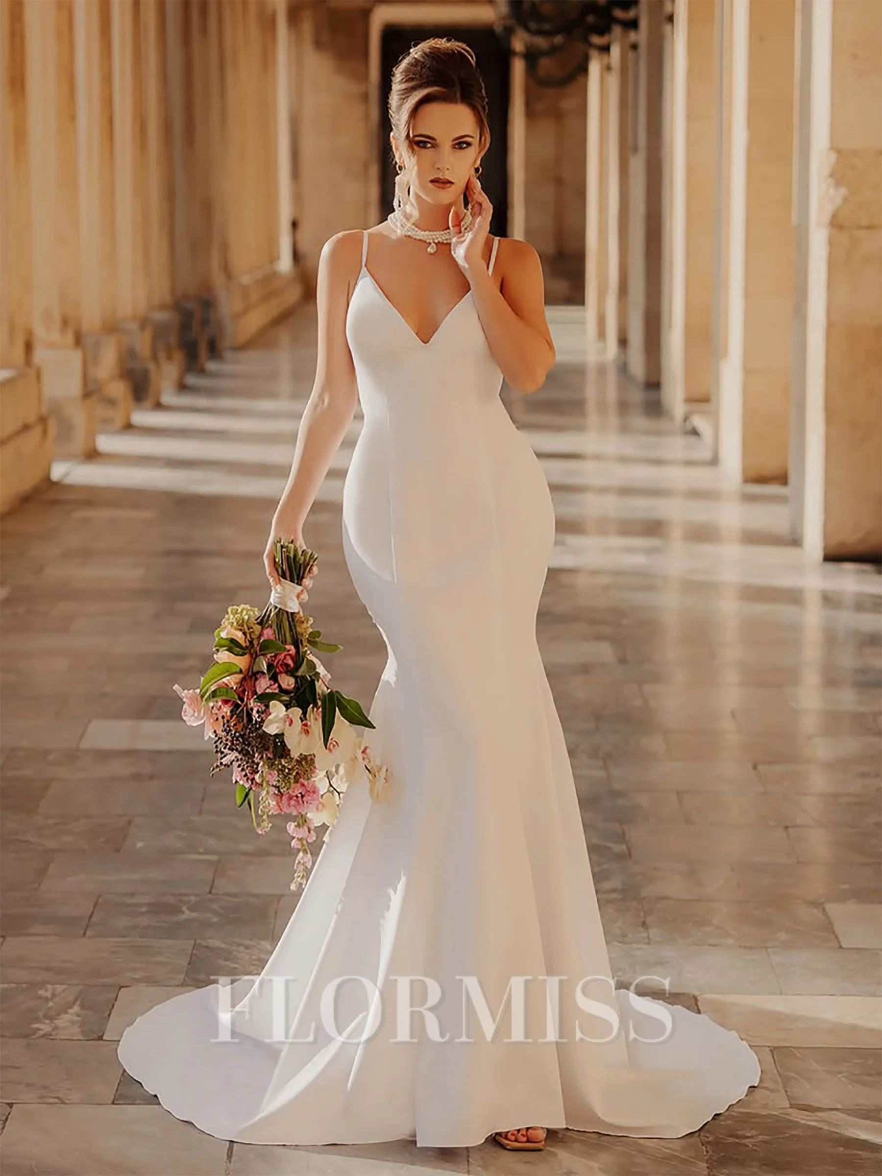 Sheath V-neck Bow Chapel Train Stretch Crepe Wedding Dress
