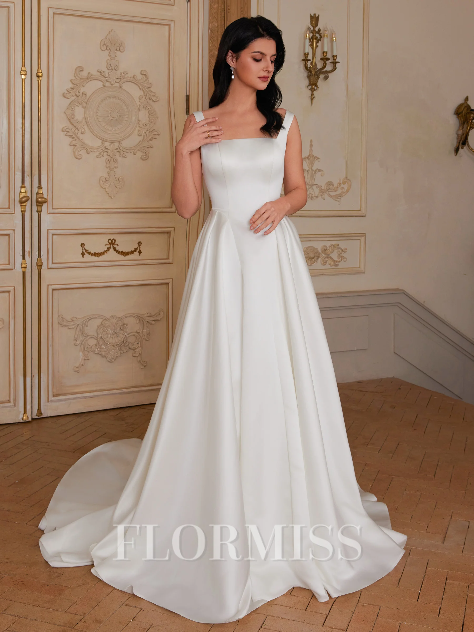 A-line Square Chapel Train Satin Corset Wedding Dress